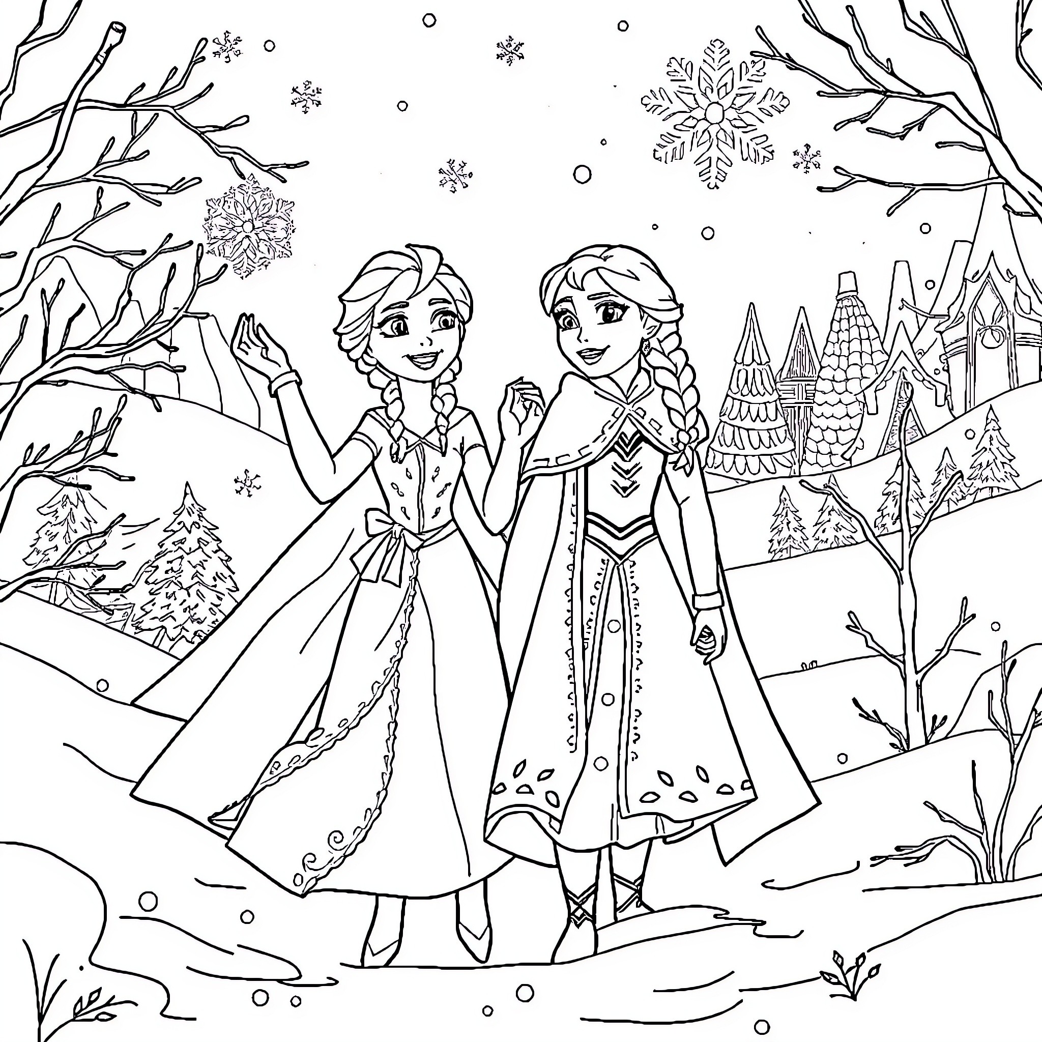 Elsa and Anna in a Winter Wonderland Coloring Page (free black-and-white line drawing printable PDF for all, from beginners to advanced learners, including children, teens, adults, and seniors)