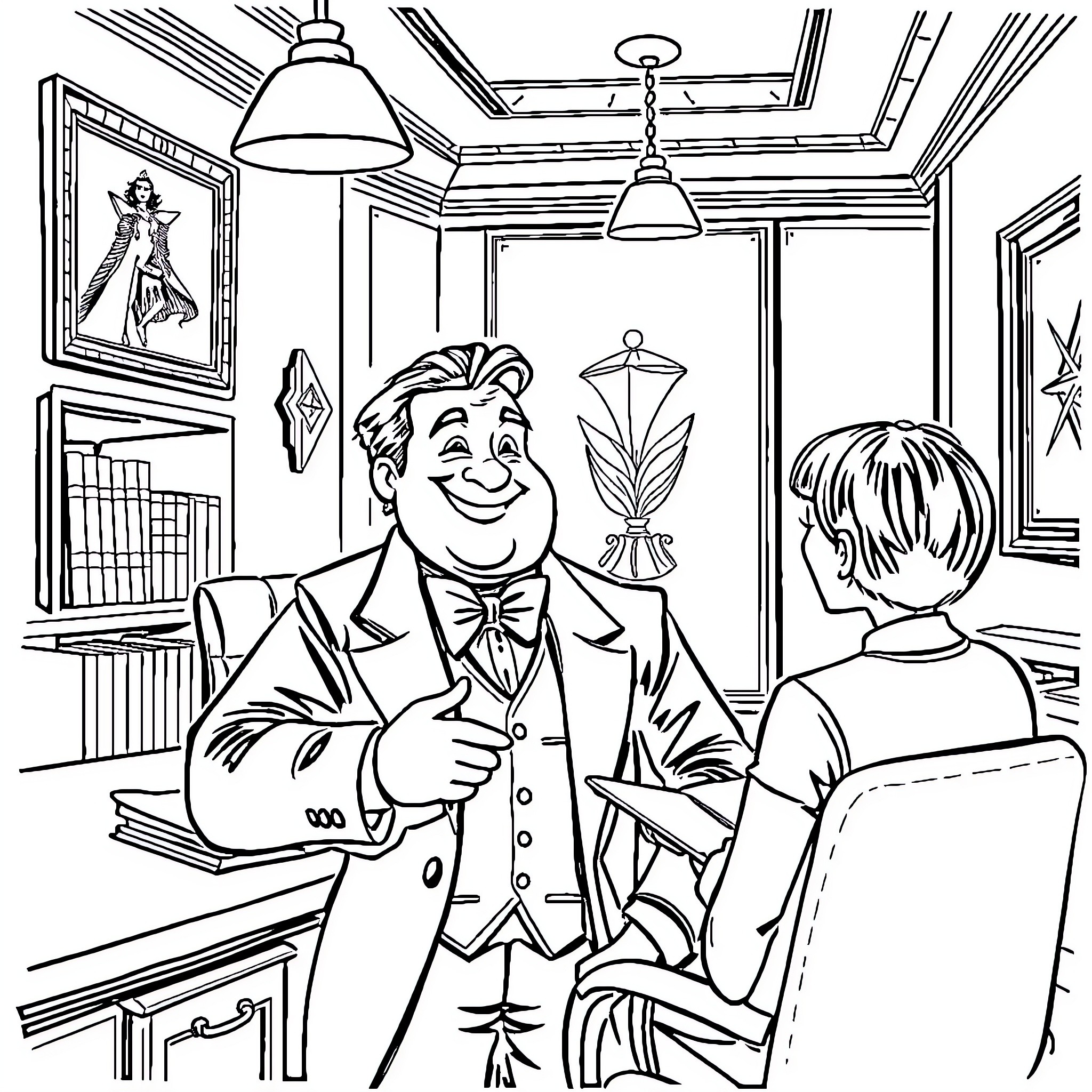 Hugo's Merry Gathering in Sophisticated Setting Coloring Page (free black-and-white line drawing printable PDF for all, from beginners to advanced learners, including children, teens, adults, and seniors)