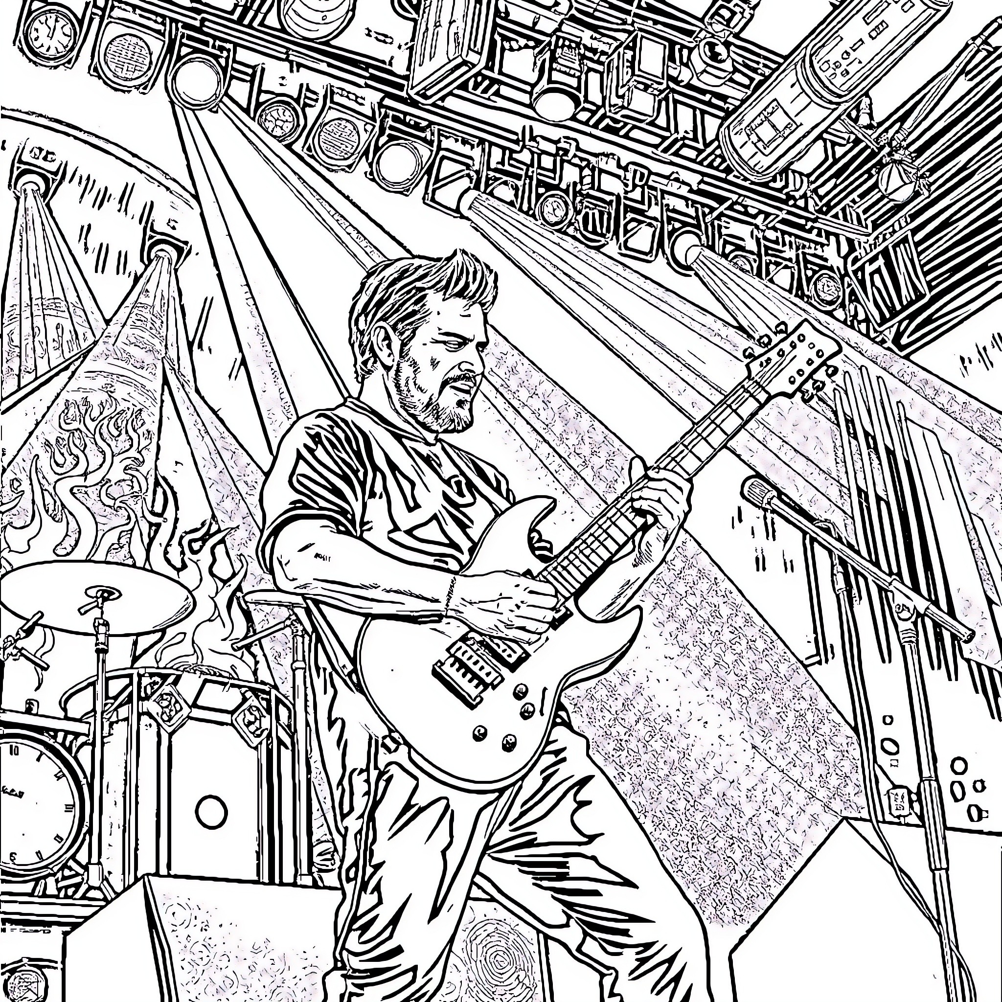 Justin Chancellor Performing on Stage with Guitar and Drums Coloring Page (free black-and-white line drawing printable PDF for all, from beginners to advanced learners, including children, teens, adults, and seniors)