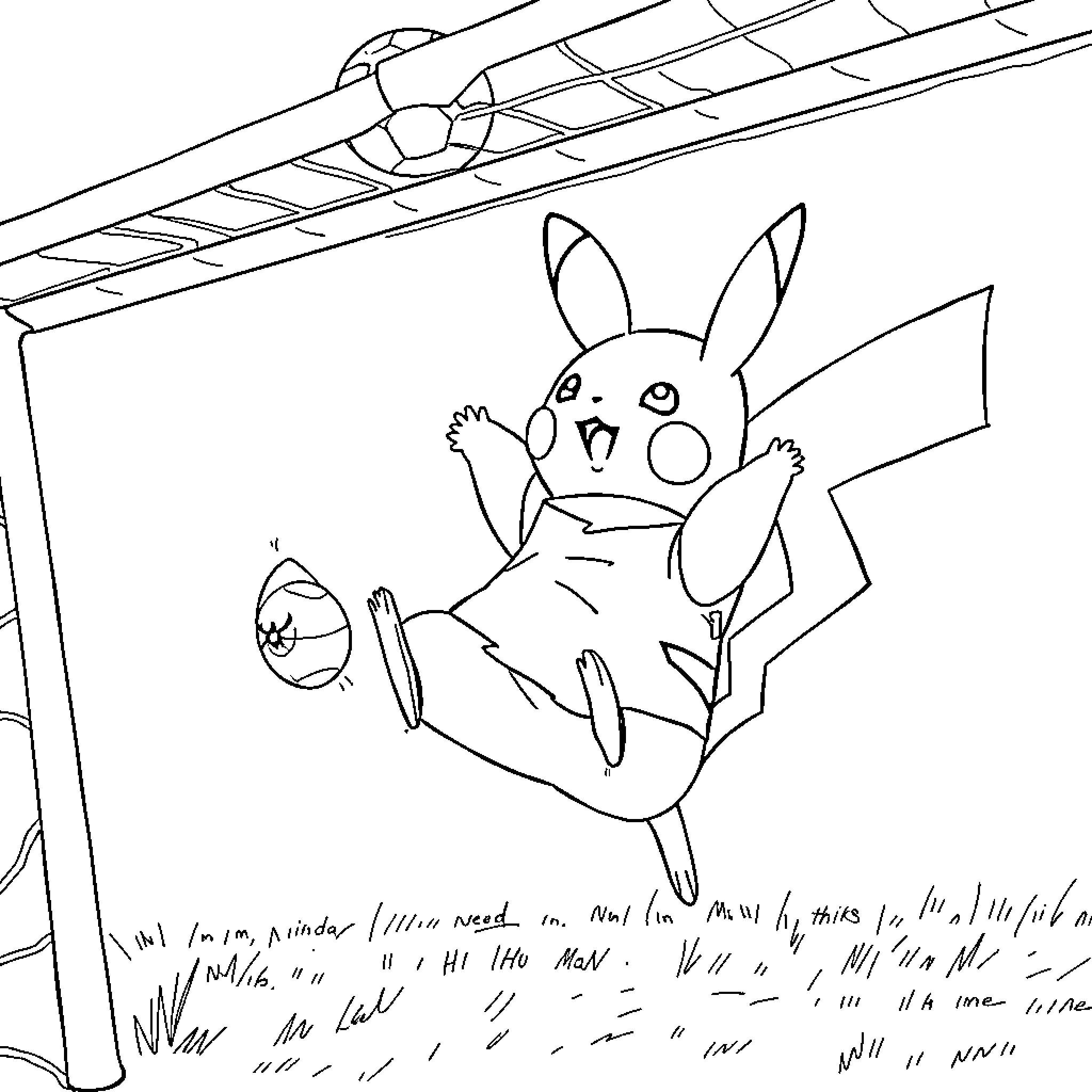 Pikachu playing energetically on a swing Coloring Page (free black-and-white line drawing printable PDF for all, from beginners to advanced learners, including children, teens, adults, and seniors)