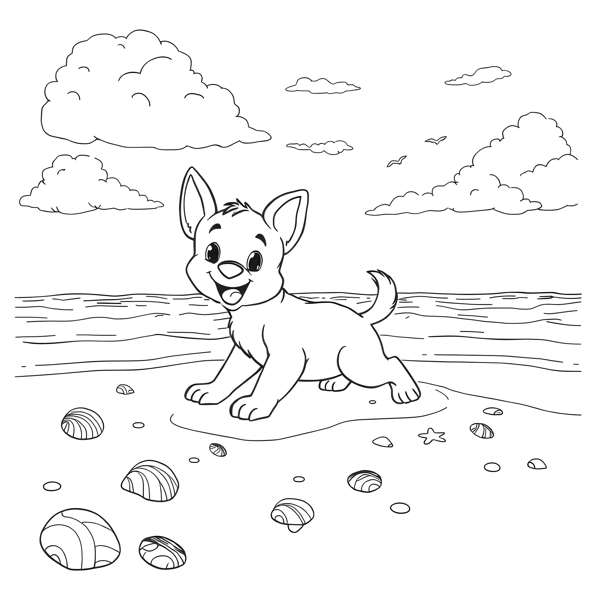 Bluey playing happily on the beach Coloring Page (free black-and-white line drawing printable PDF for all, from beginners to advanced learners, including children, teens, adults, and seniors)