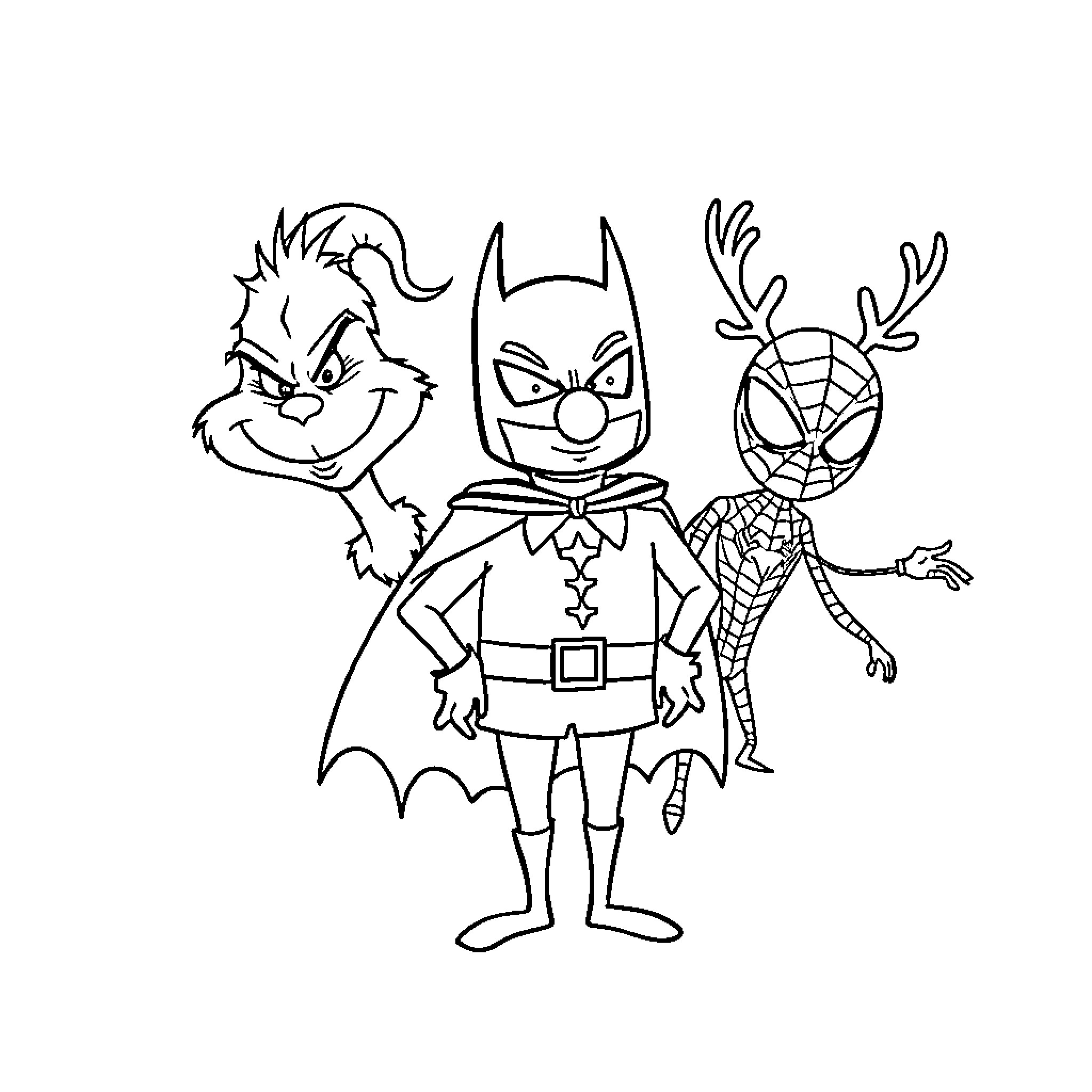 Grinch and friends dressed up in superhero costumes Coloring Page (free black-and-white line drawing printable PDF for all, from beginners to advanced learners, including children, teens, adults, and seniors)