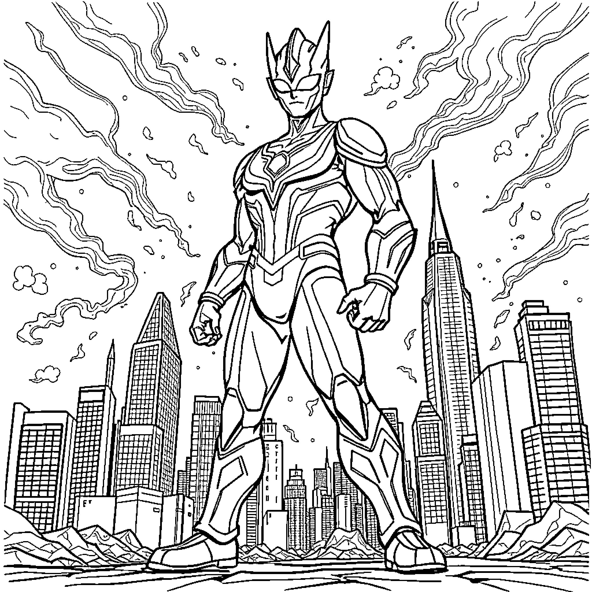 Ultraman defending the city with heroic stance Coloring Page (free black-and-white line drawing printable PDF for all, from beginners to advanced learners, including children, teens, adults, and seniors)