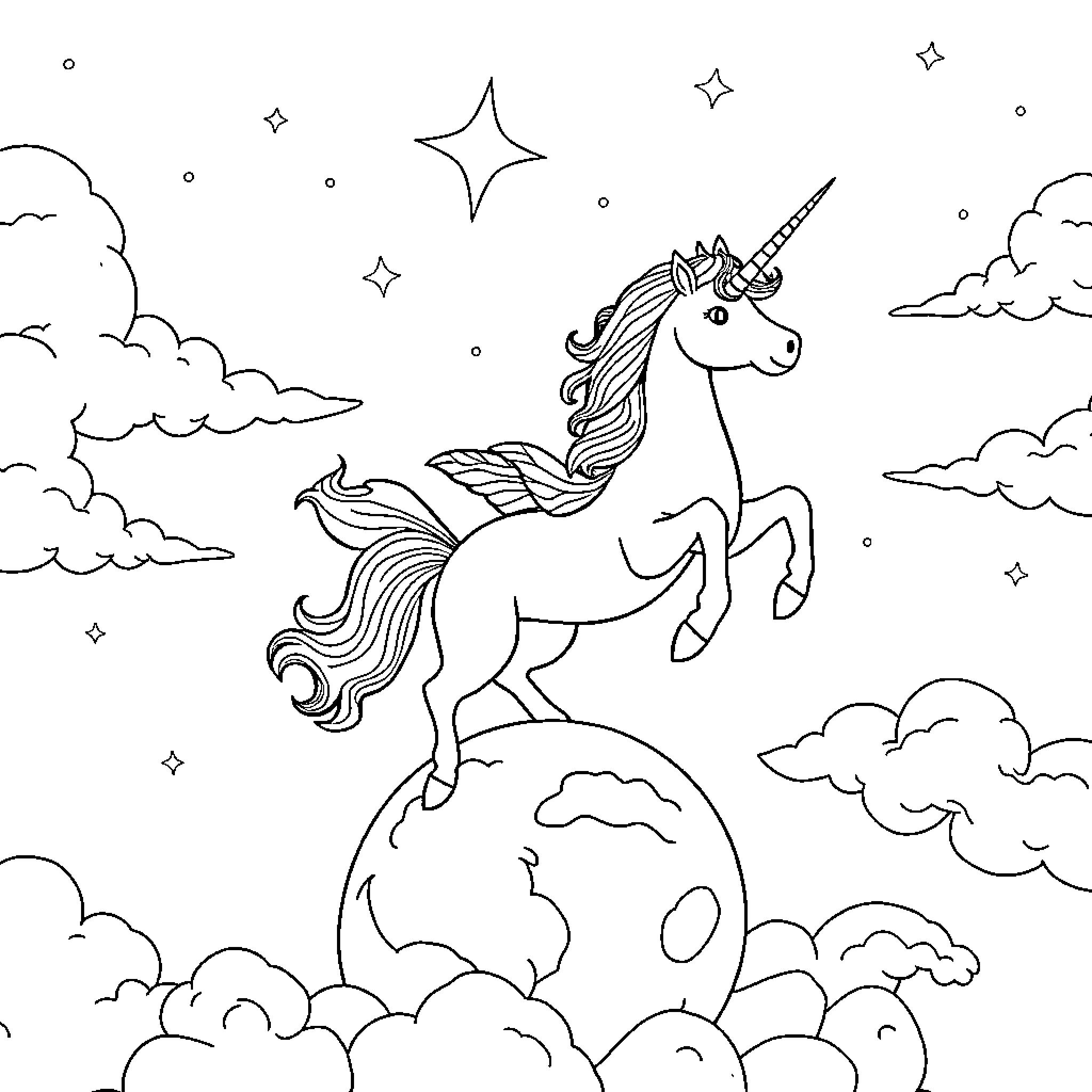 Unicorn prancing joyfully on the world Coloring Page (free black-and-white line drawing printable PDF for all, from beginners to advanced learners, including children, teens, adults, and seniors)