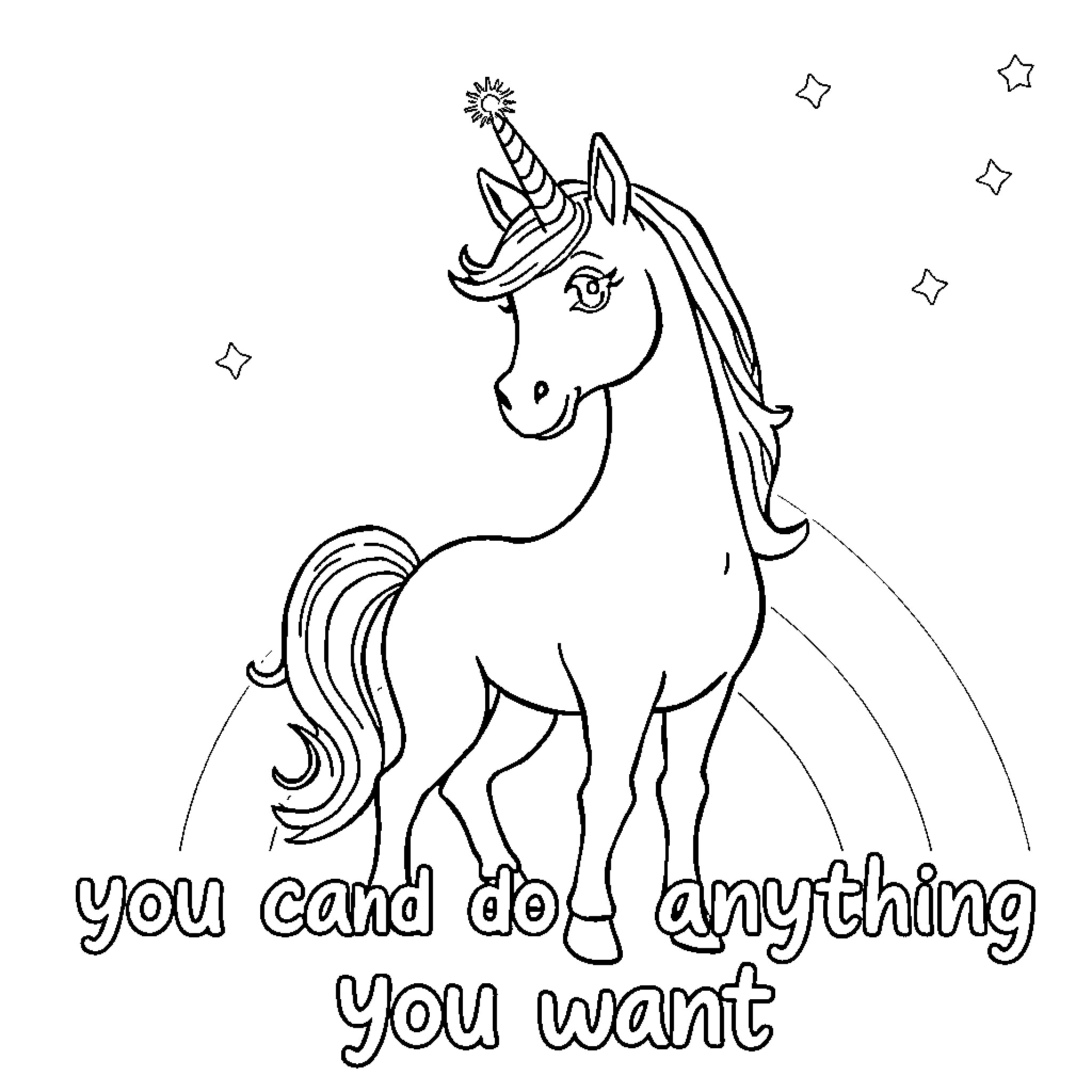 Unicorn encouraging positive mindset with party hat Coloring Page (free black-and-white line drawing printable PDF for all, from beginners to advanced learners, including children, teens, adults, and seniors)