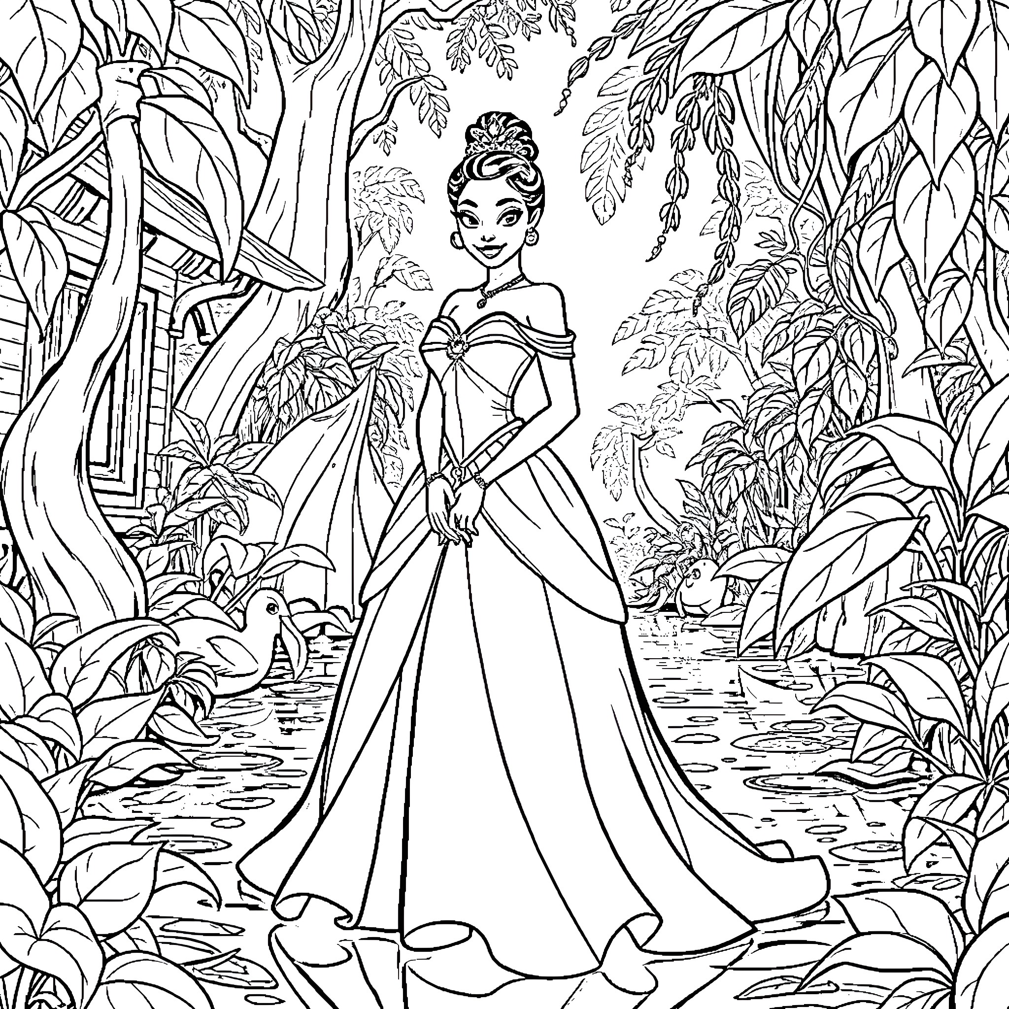 Princess Tiana enjoying a serene forest scene Coloring Page (free black-and-white line drawing printable PDF for all, from beginners to advanced learners, including children, teens, adults, and seniors)
