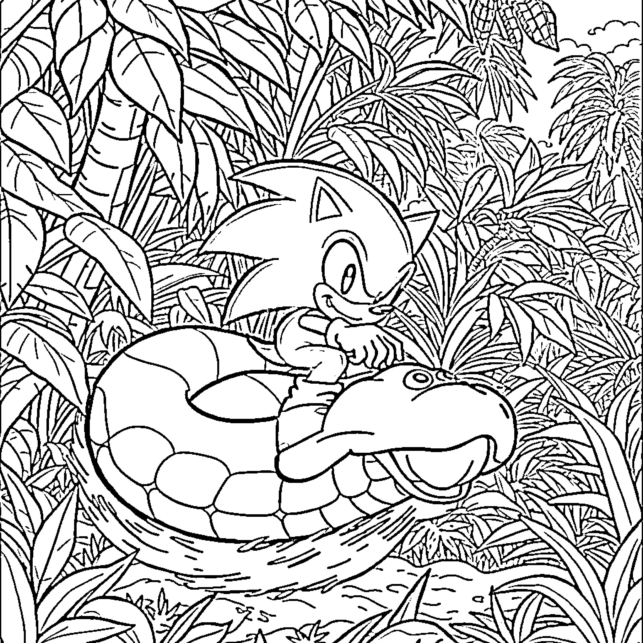 Sonic in a Vibrant Jungle Scene Coloring Page (free black-and-white line drawing printable PDF for all, from beginners to advanced learners, including children, teens, adults, and seniors)
