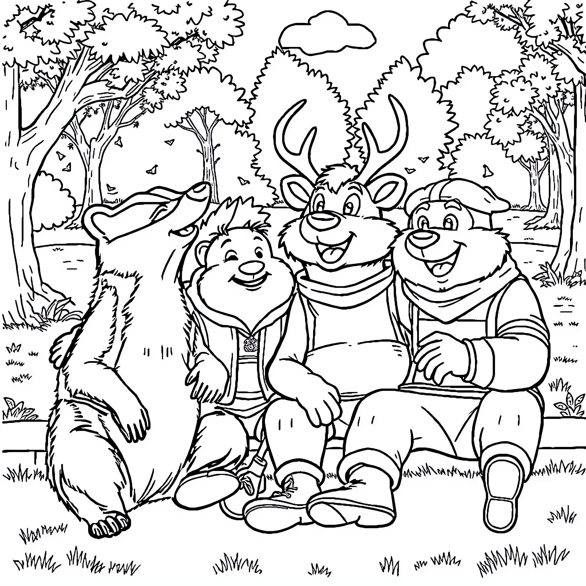 Badger and friends enjoying the forest scenery Coloring Page (free black-and-white line drawing printable PDF for all, from beginners to advanced learners, including children, teens, adults, and seniors)