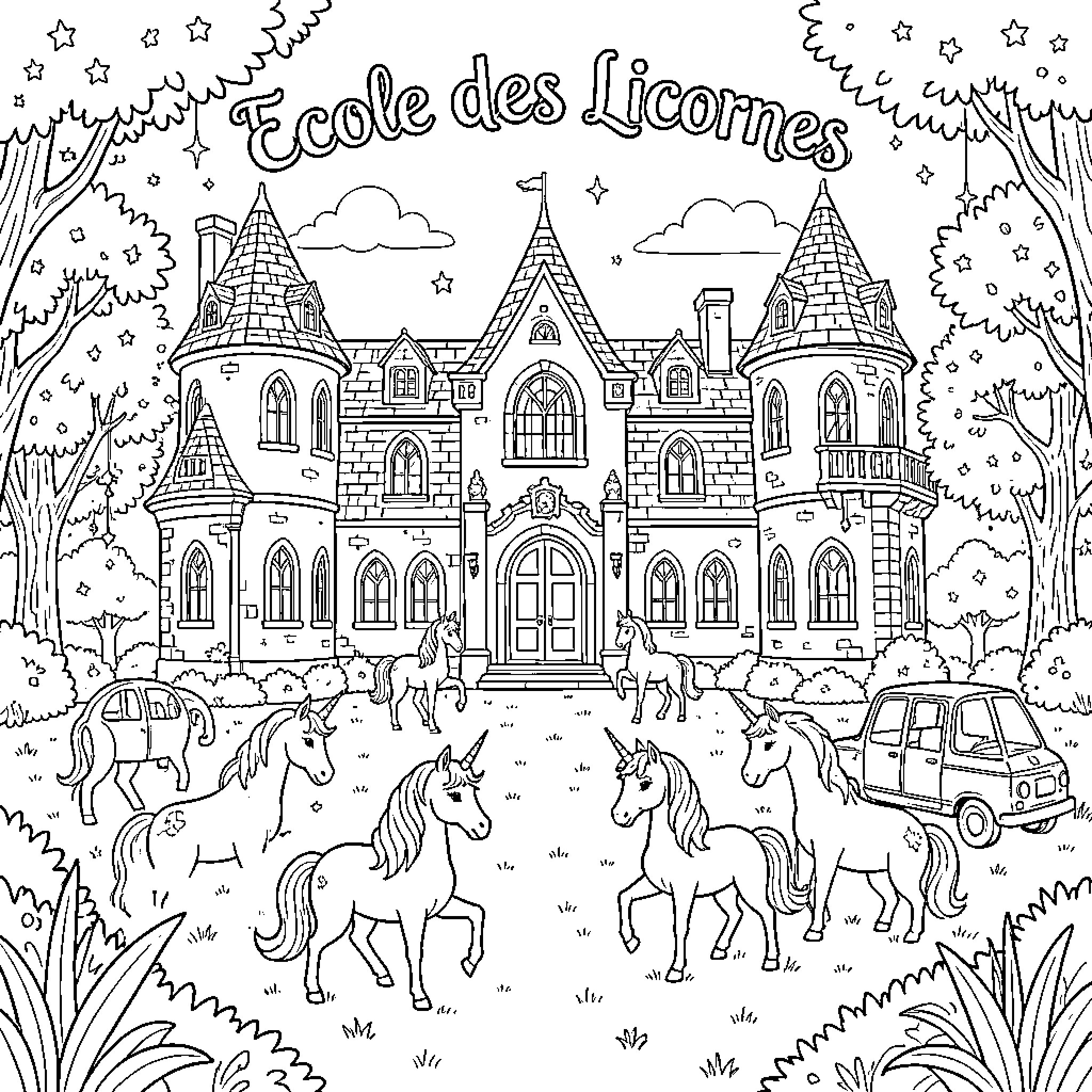 Unicorn's Magical School of Wonder Coloring Page (free black-and-white line drawing printable PDF for all, from beginners to advanced learners, including children, teens, adults, and seniors)
