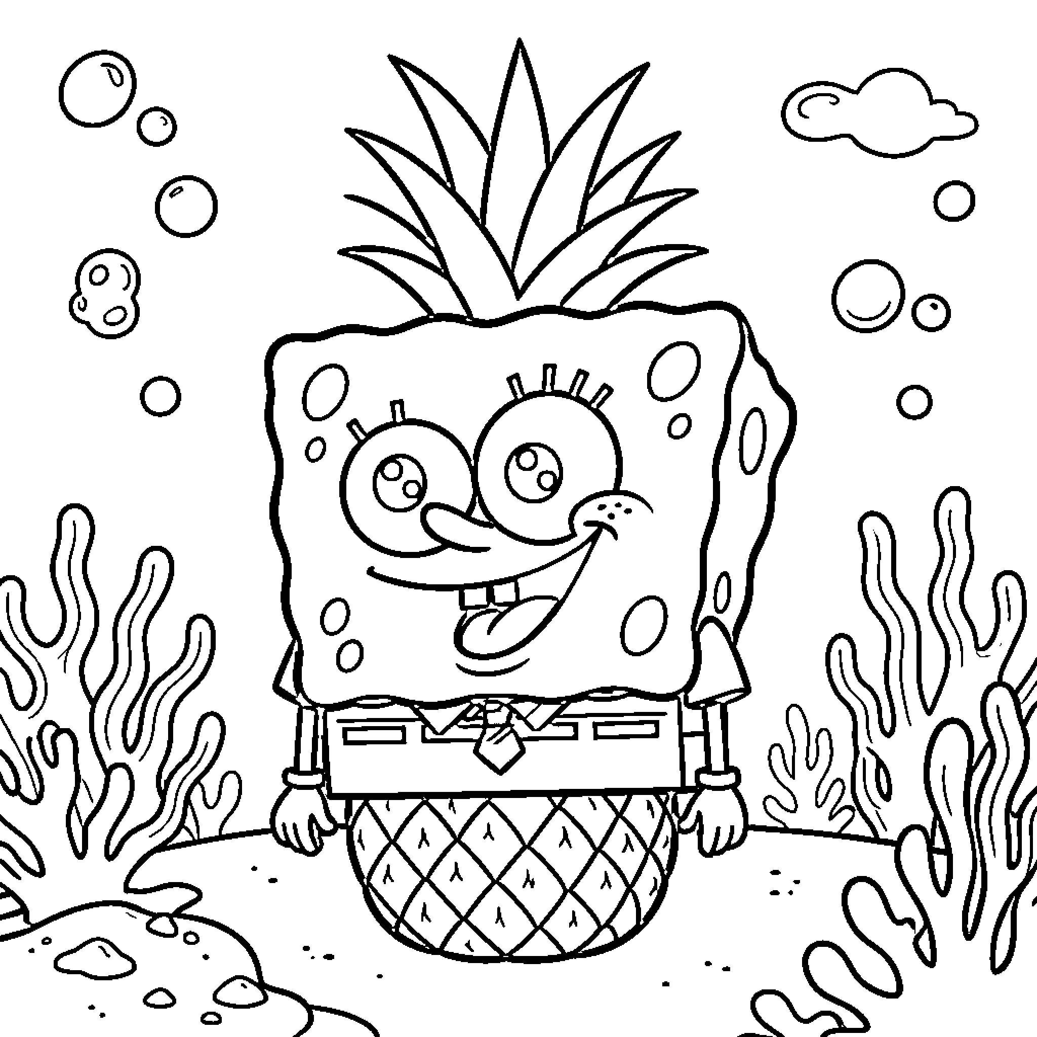 Spongebob smiling cheerfully in an underwater setting Coloring Page (free black-and-white line drawing printable PDF for all, from beginners to advanced learners, including children, teens, adults, and seniors)