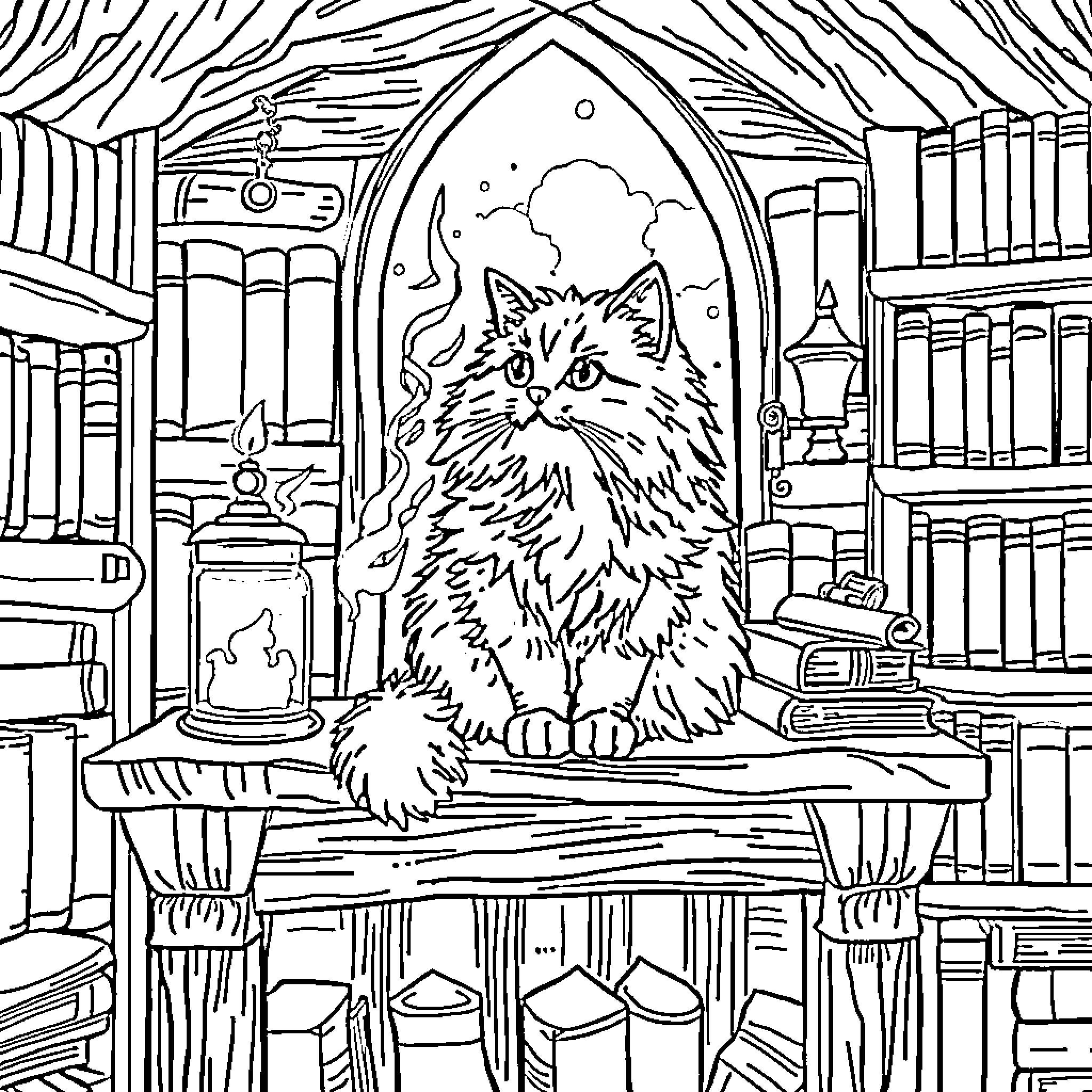 Cat Sitting Calmly in Cozy Library Coloring Page (free black-and-white line drawing printable PDF for all, from beginners to advanced learners, including children, teens, adults, and seniors)