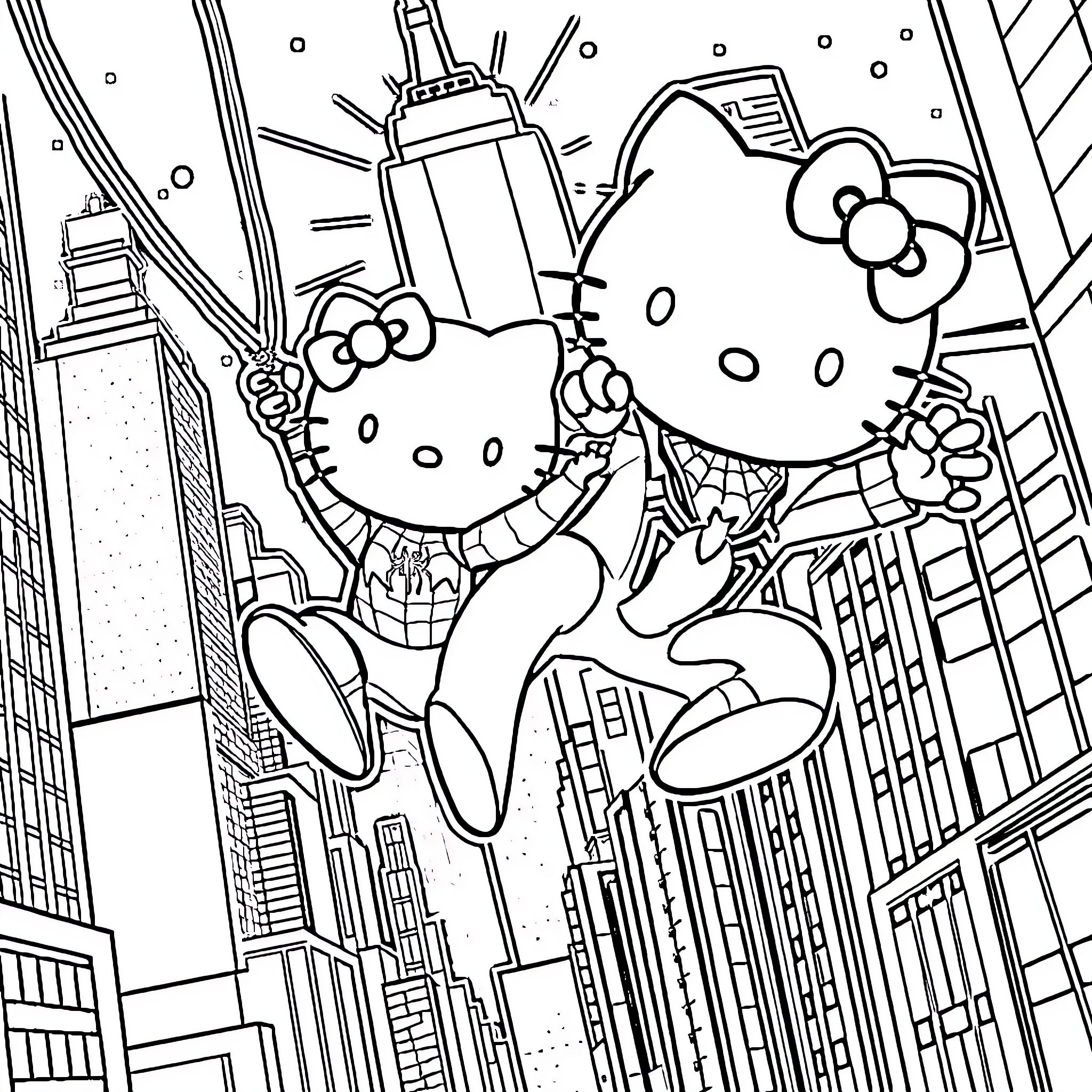 Hello Kitty exploring the big city Coloring Page (free black-and-white line drawing printable PDF for all, from beginners to advanced learners, including children, teens, adults, and seniors)