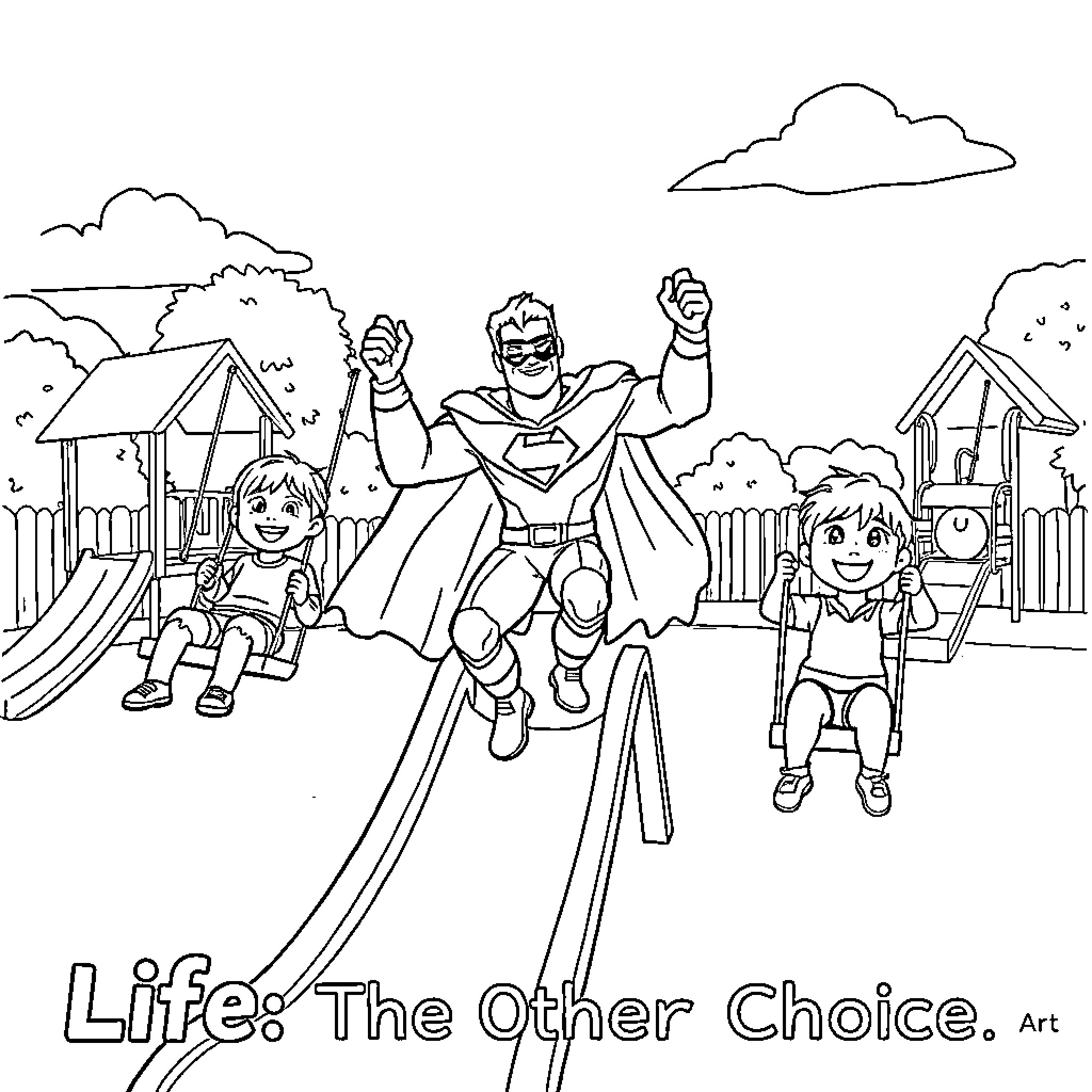 Superhero Kids Playing in Neighborhood Coloring Page (free black-and-white line drawing printable PDF for all, from beginners to advanced learners, including children, teens, adults, and seniors)