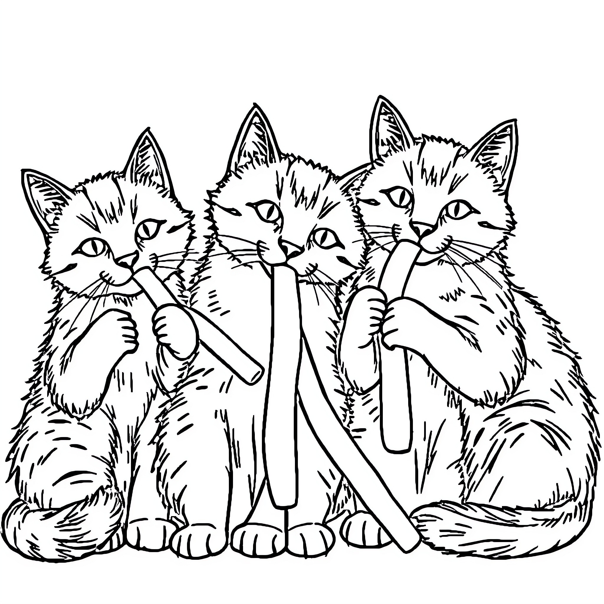 Cat trio playing with toy Coloring Page (free black-and-white line drawing printable PDF for all, from beginners to advanced learners, including children, teens, adults, and seniors)