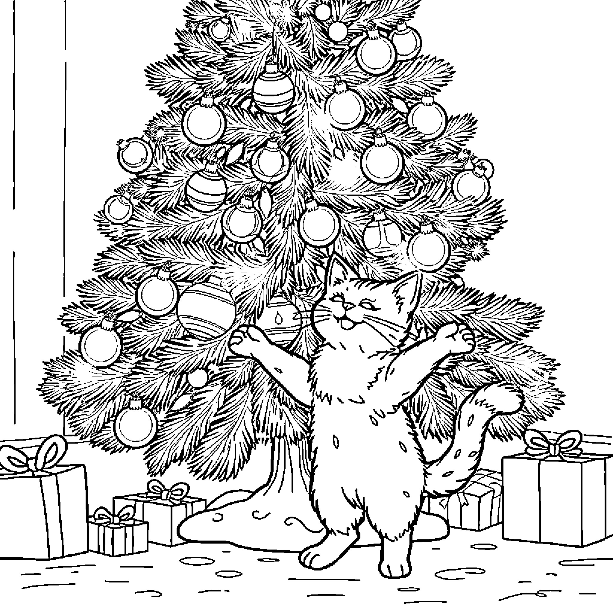 Cat playing by the Christmas tree Coloring Page (free black-and-white line drawing printable PDF for all, from beginners to advanced learners, including children, teens, adults, and seniors)