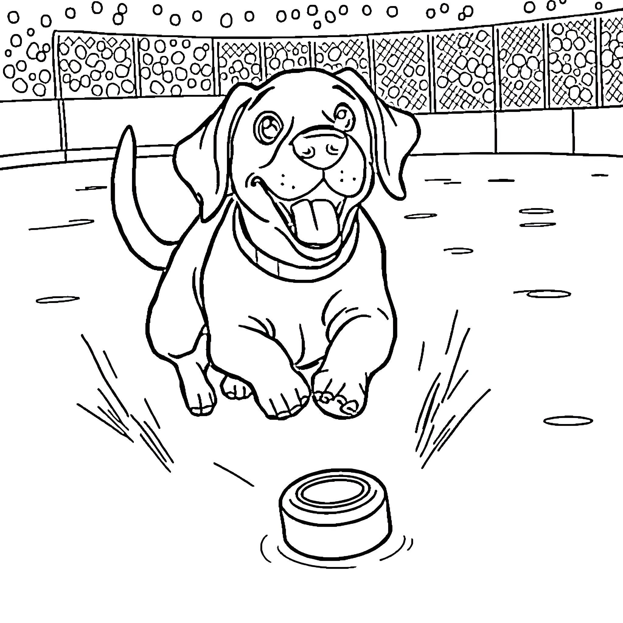 Beagle Happily Playing with Dog Bowl Coloring Page (free black-and-white line drawing printable PDF for all, from beginners to advanced learners, including children, teens, adults, and seniors)