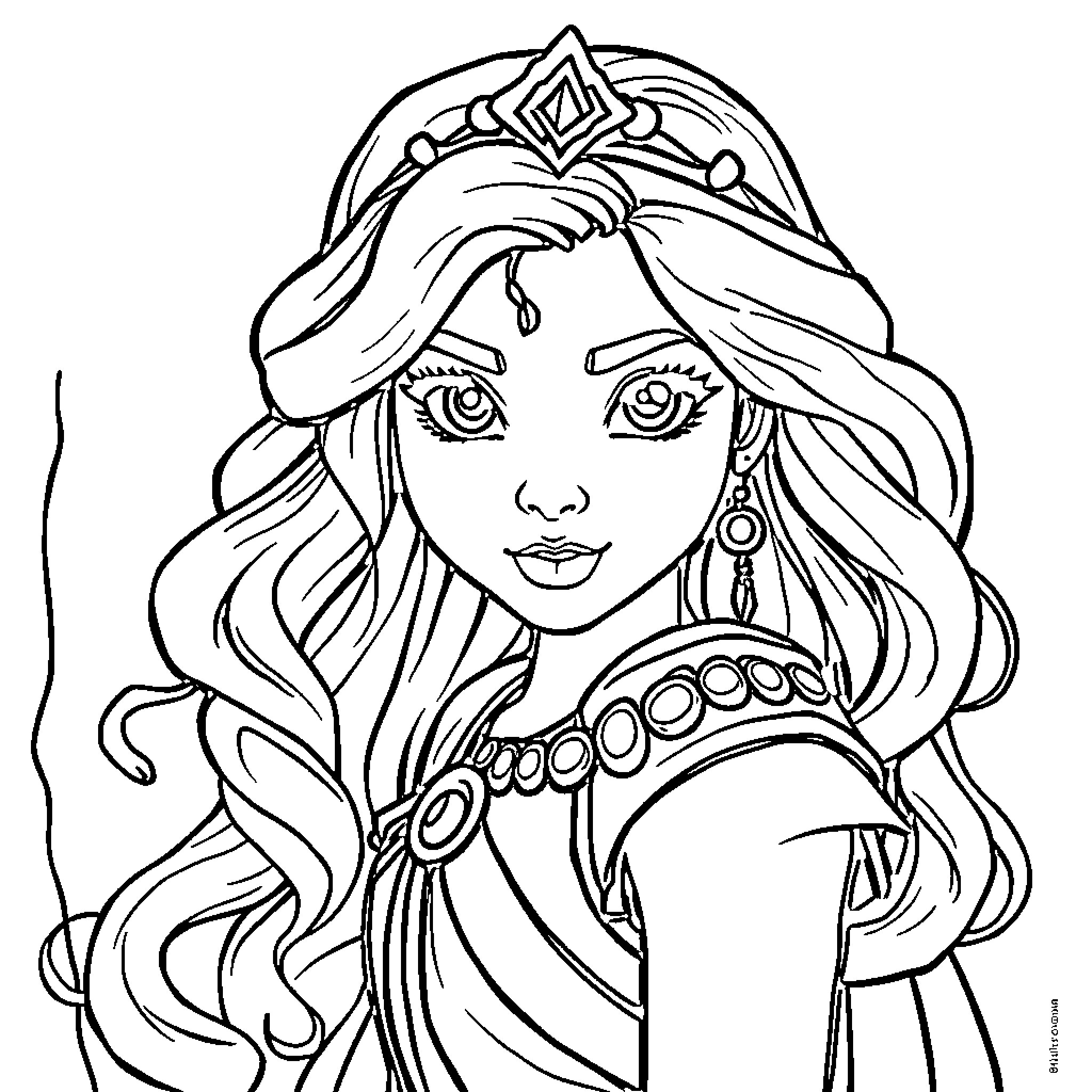 Princess with Elaborate Crown and Jewelry Coloring Page (free black-and-white line drawing printable PDF for all, from beginners to advanced learners, including children, teens, adults, and seniors)