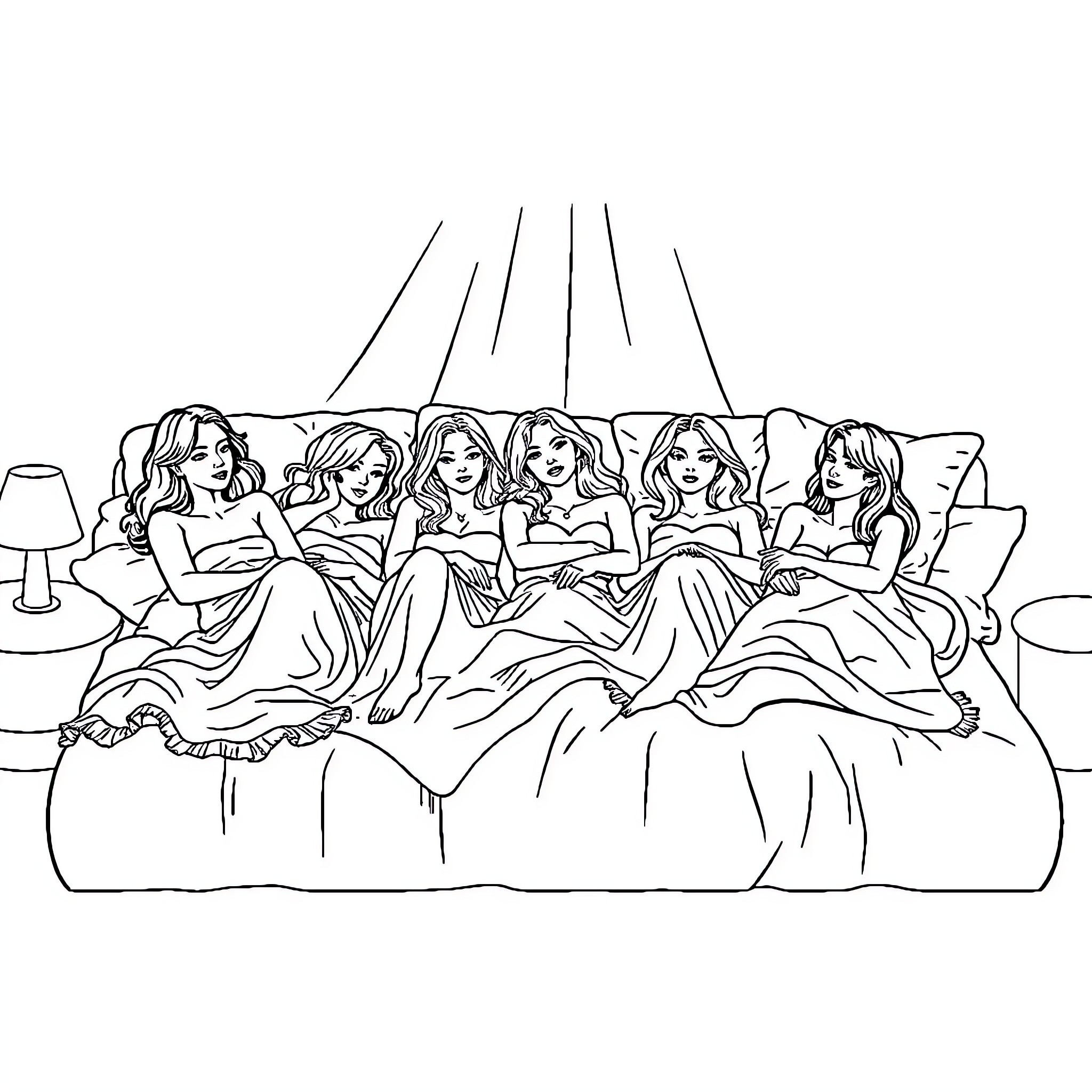 Women enjoying an elegant sleepover party Coloring Page (free black-and-white line drawing printable PDF for all, from beginners to advanced learners, including children, teens, adults, and seniors)