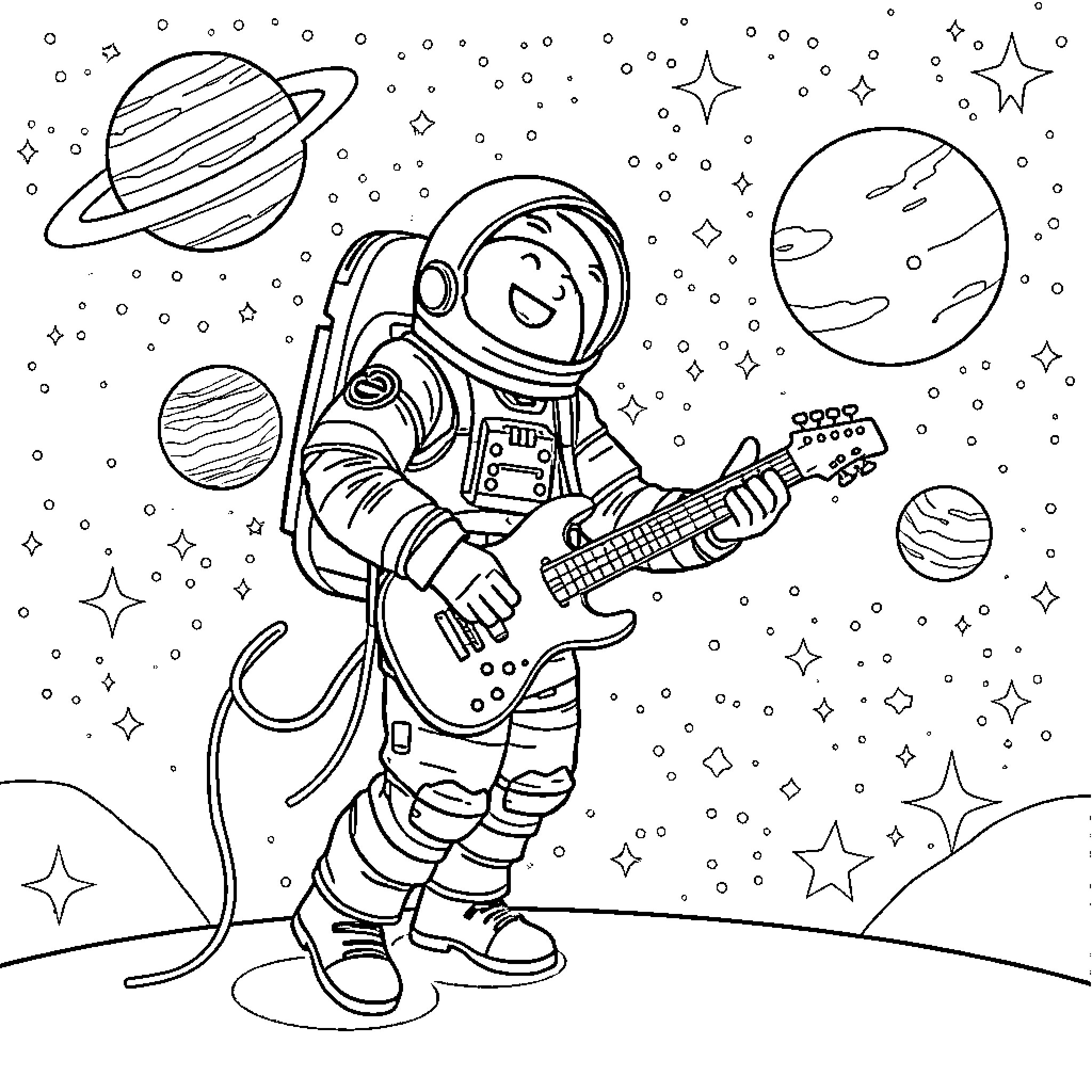 Astronaut strumming guitar in the cosmos Coloring Page (free black-and-white line drawing printable PDF for all, from beginners to advanced learners, including children, teens, adults, and seniors)