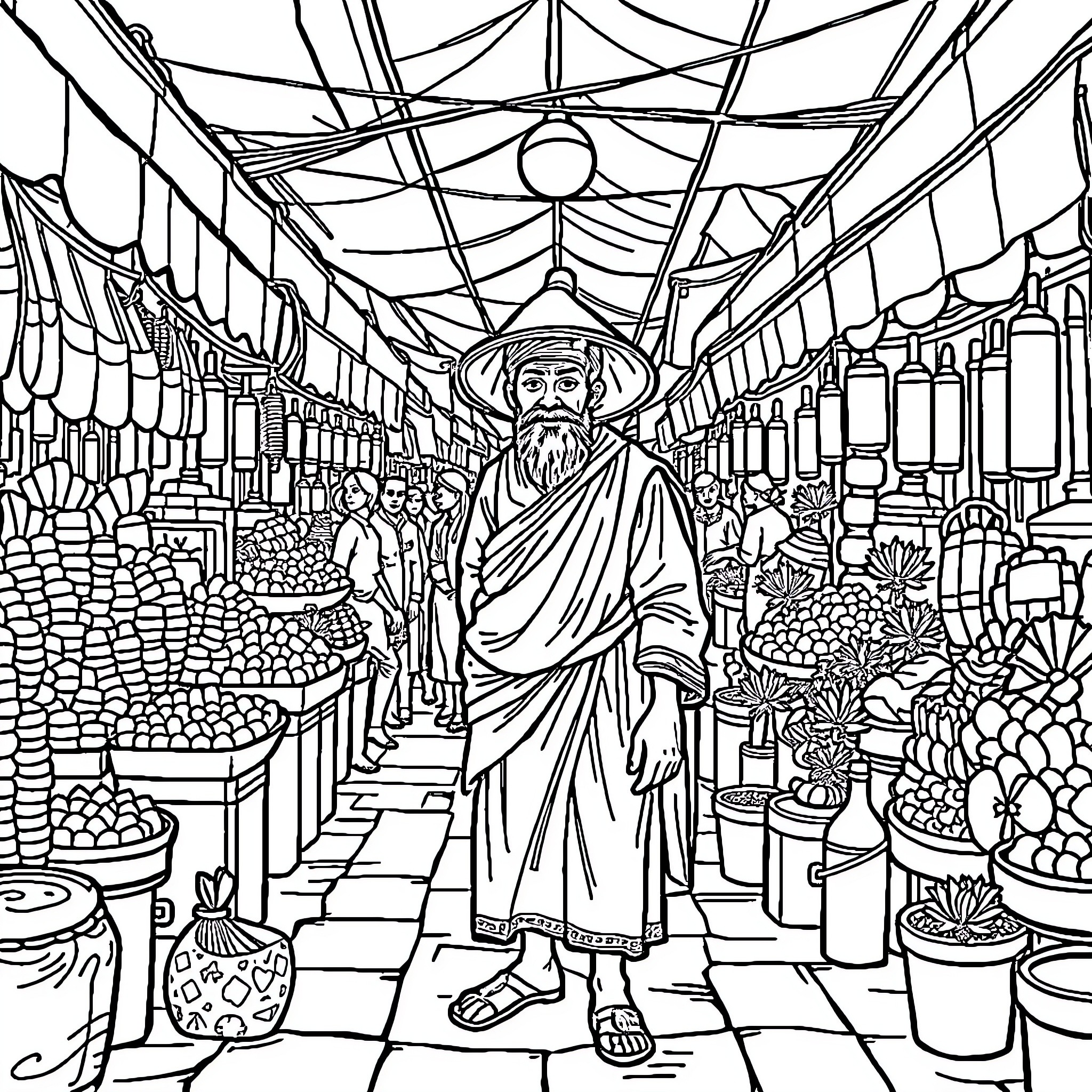 Mandak's Journey Through the Vibrant Marketplace Coloring Page (free black-and-white line drawing printable PDF for all, from beginners to advanced learners, including children, teens, adults, and seniors)
