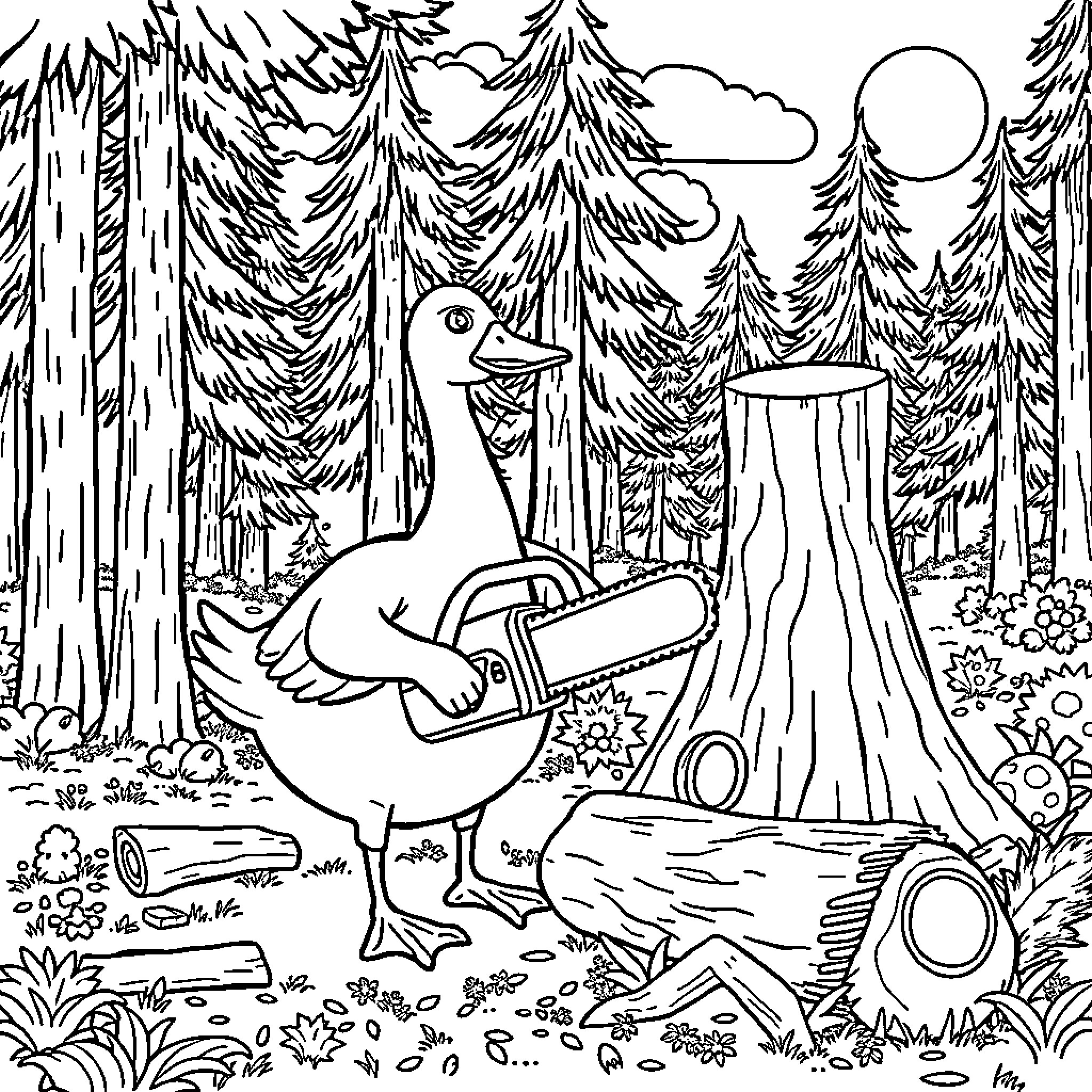 Goose exploring the enchanted forest with guitar Coloring Page (free black-and-white line drawing printable PDF for all, from beginners to advanced learners, including children, teens, adults, and seniors)