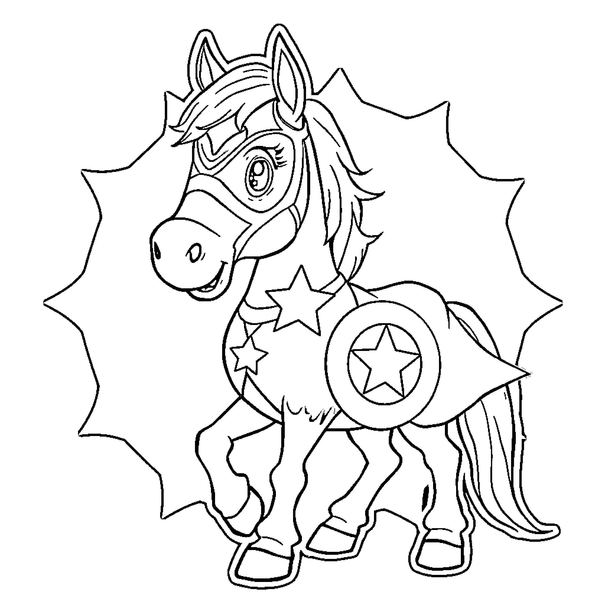Horse with Playful Star Decorations Coloring Page (free black-and-white line drawing printable PDF for all, from beginners to advanced learners, including children, teens, adults, and seniors)