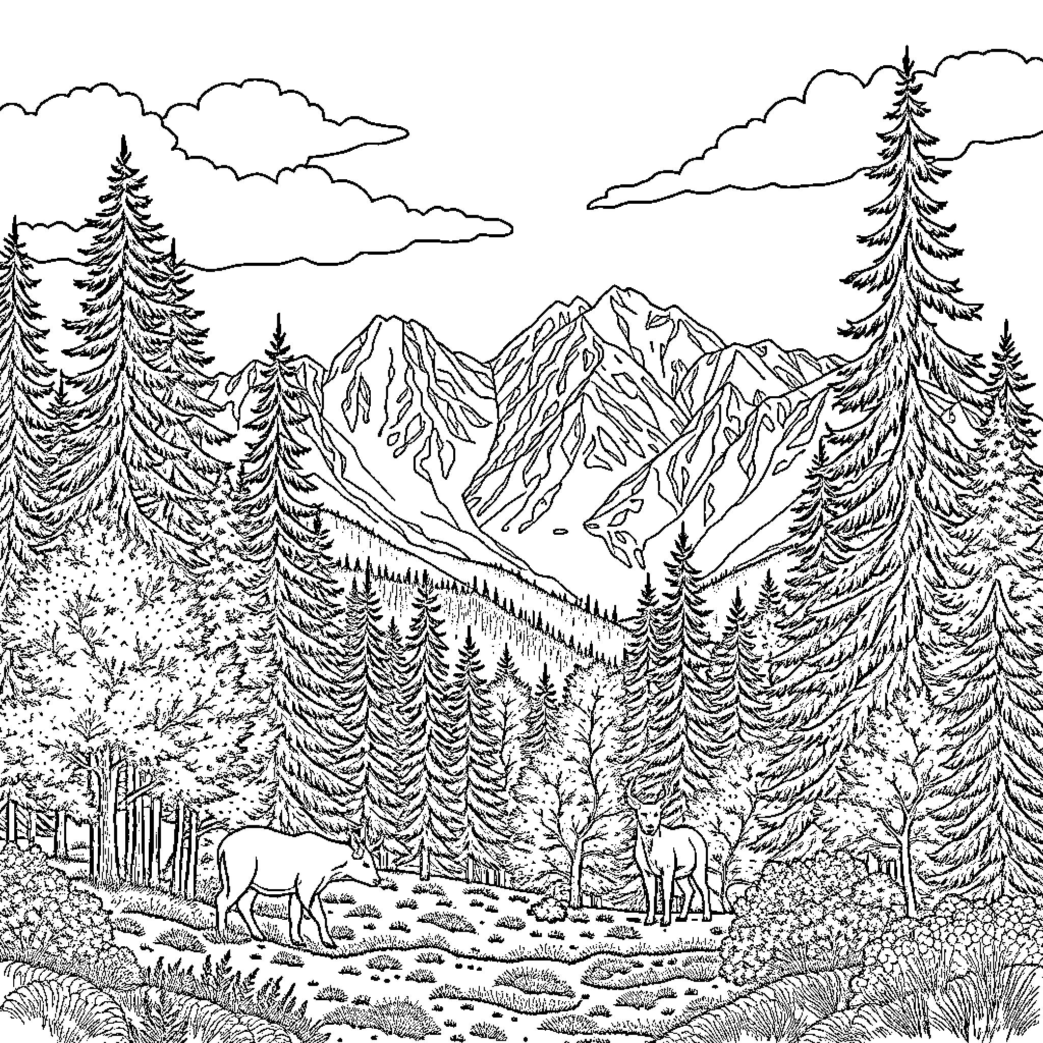 Deer grazing in scenic mountain landscape Coloring Page (free black-and-white line drawing printable PDF for all, from beginners to advanced learners, including children, teens, adults, and seniors)