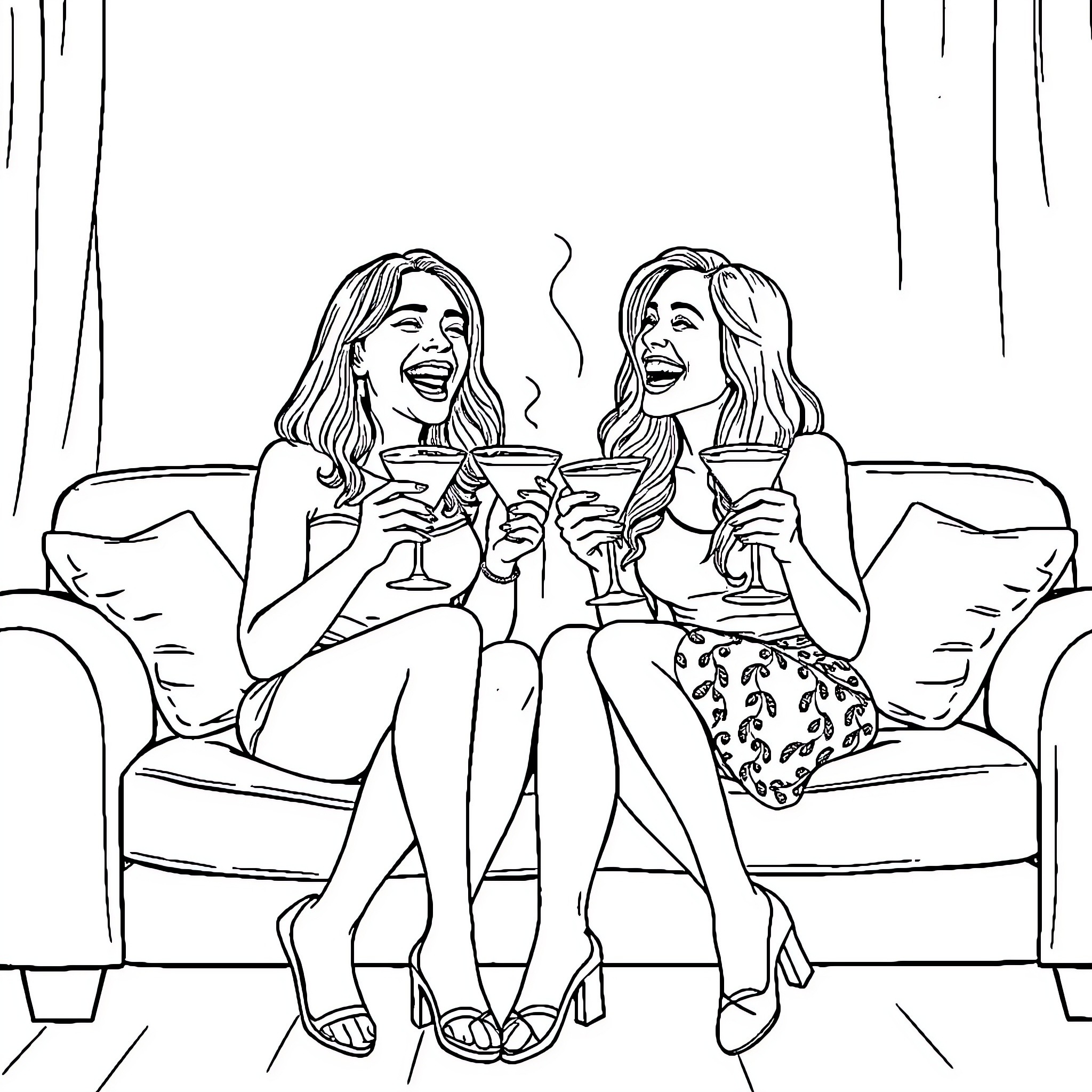 Sarah and friend enjoying drinks together Coloring Page (free black-and-white line drawing printable PDF for all, from beginners to advanced learners, including children, teens, adults, and seniors)