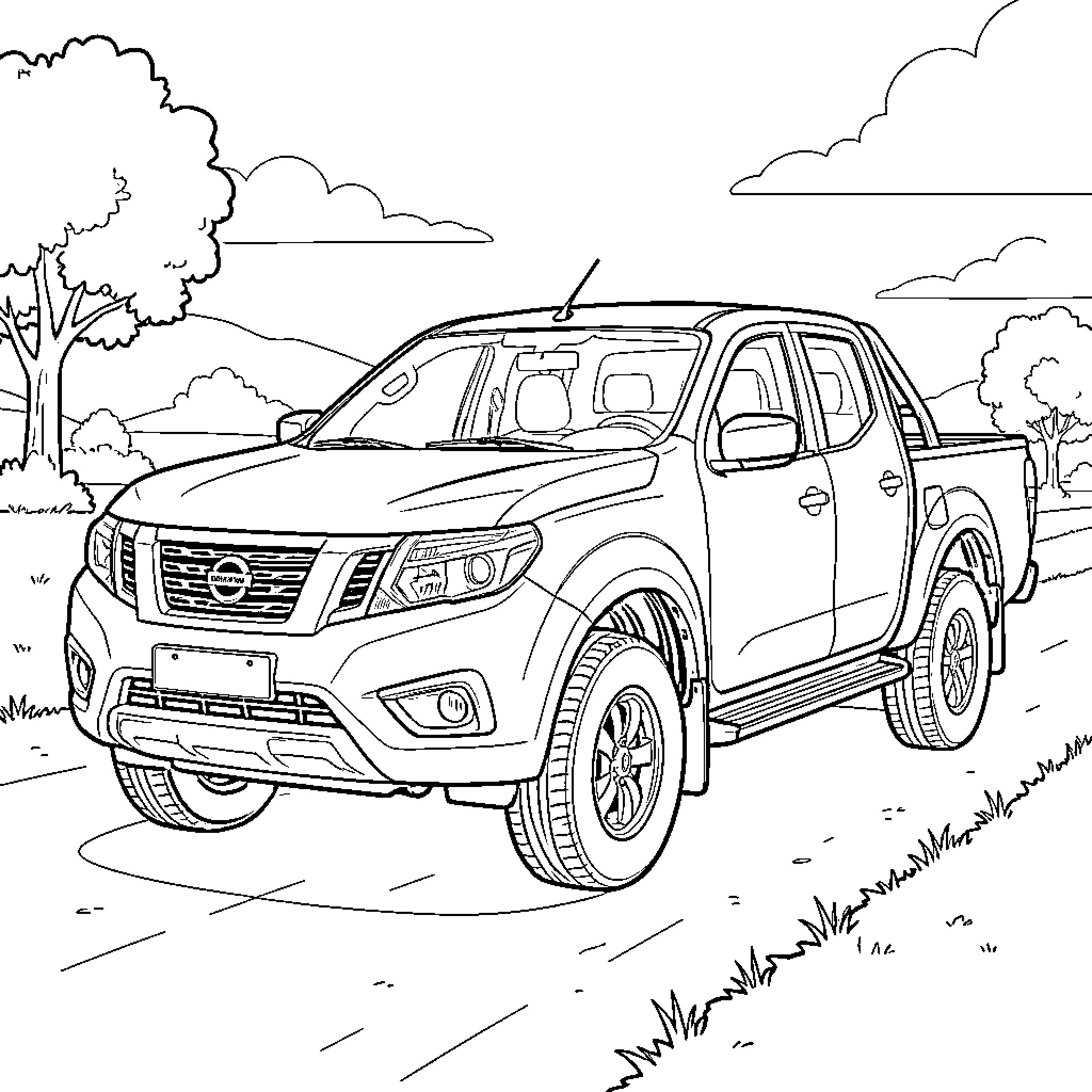 Np300 pickup truck in rural landscape Coloring Page (free black-and-white line drawing printable PDF for all, from beginners to advanced learners, including children, teens, adults, and seniors)