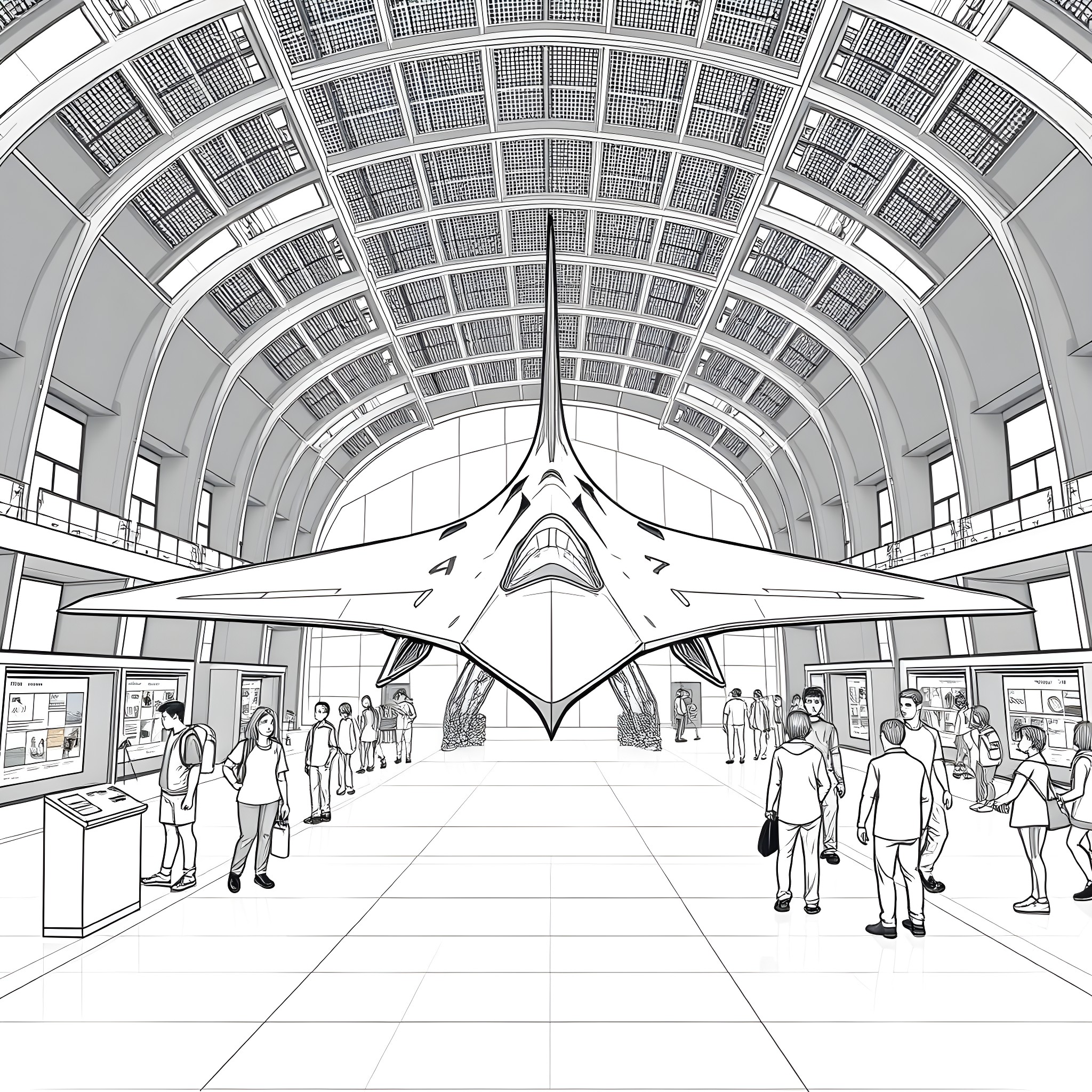 Blackbird soaring in a bustling airport terminal Coloring Page (free black-and-white line drawing printable PDF for all, from beginners to advanced learners, including children, teens, adults, and seniors)