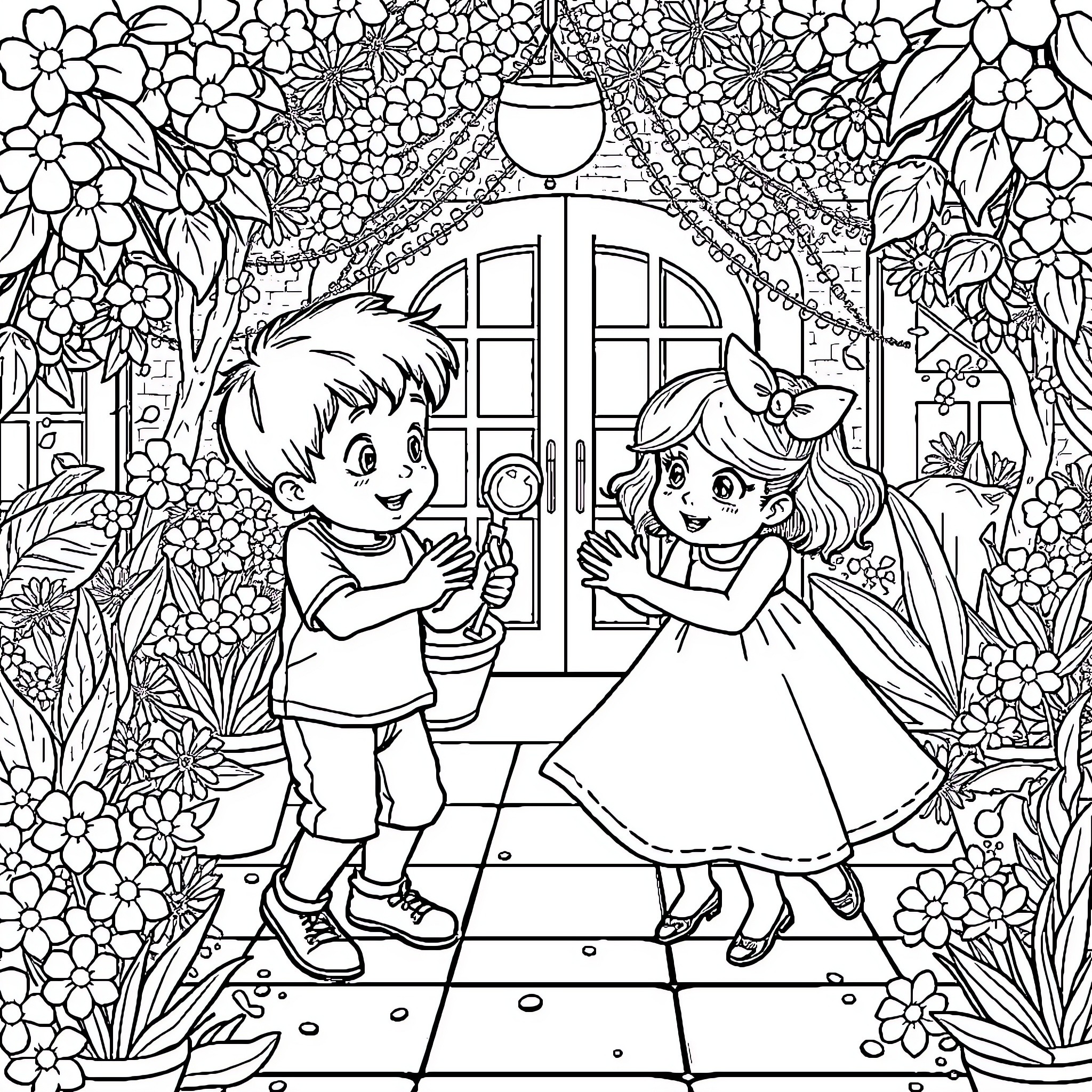 Niño and Niña playing together in a flower garden Coloring Page (free black-and-white line drawing printable PDF for all, from beginners to advanced learners, including children, teens, adults, and seniors)