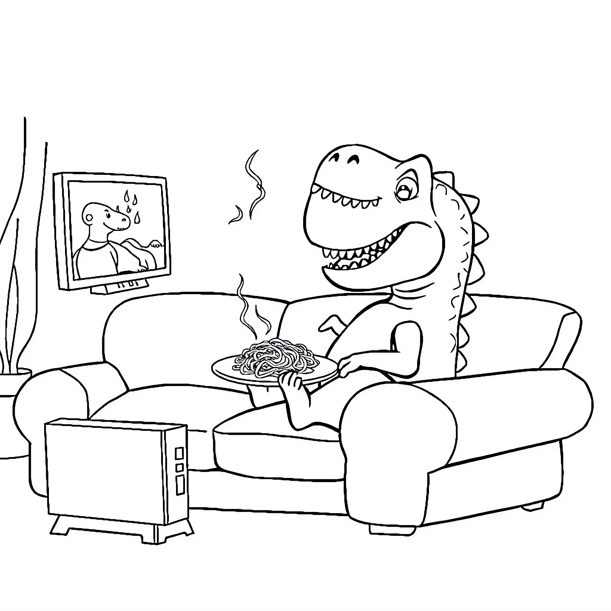 Dinosaur enjoying a snack while watching TV Coloring Page (free black-and-white line drawing printable PDF for all, from beginners to advanced learners, including children, teens, adults, and seniors)