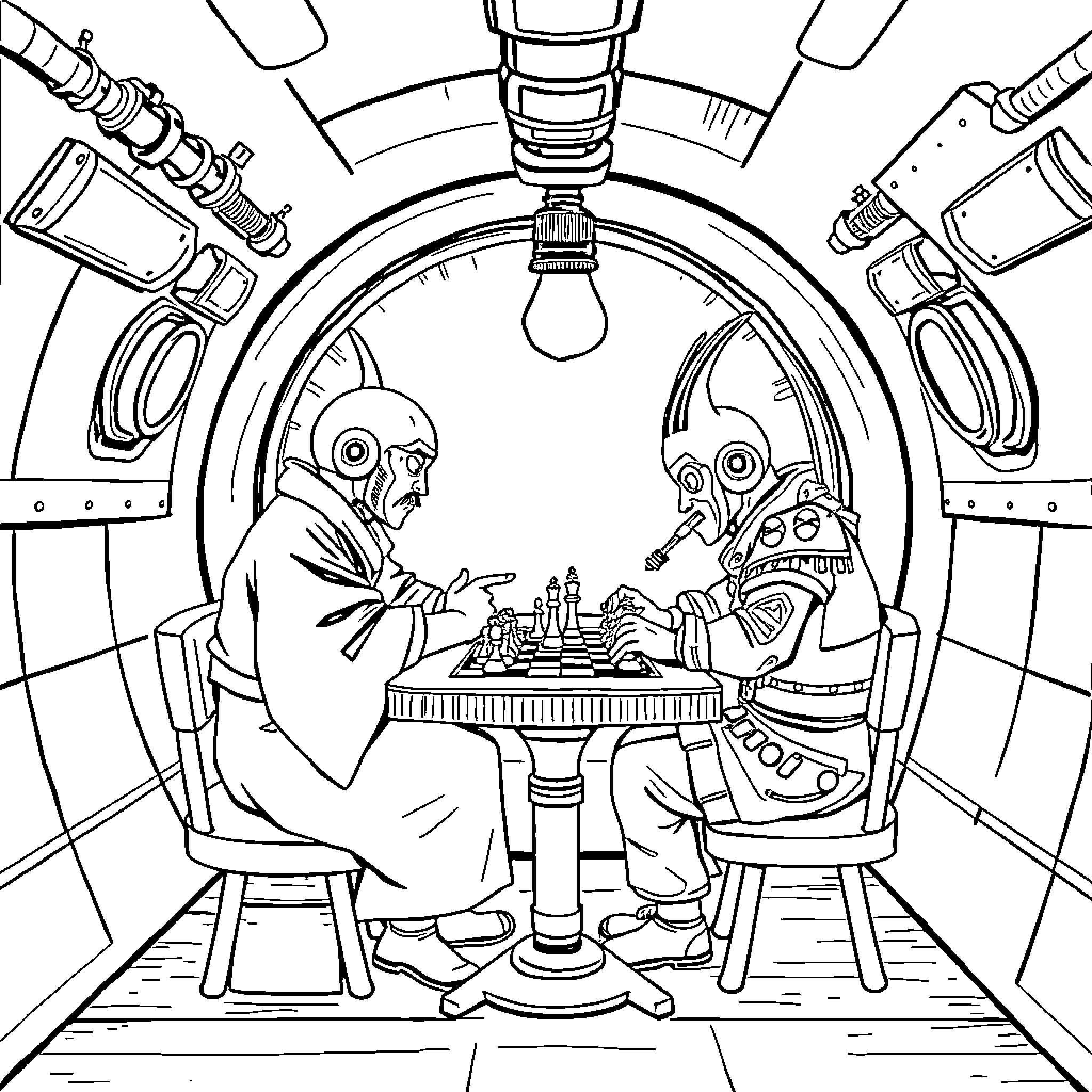 Kendo Nagasaki playing chess with a robot in a futuristic setting Coloring Page (free black-and-white line drawing printable PDF for all, from beginners to advanced learners, including children, teens, adults, and seniors)
