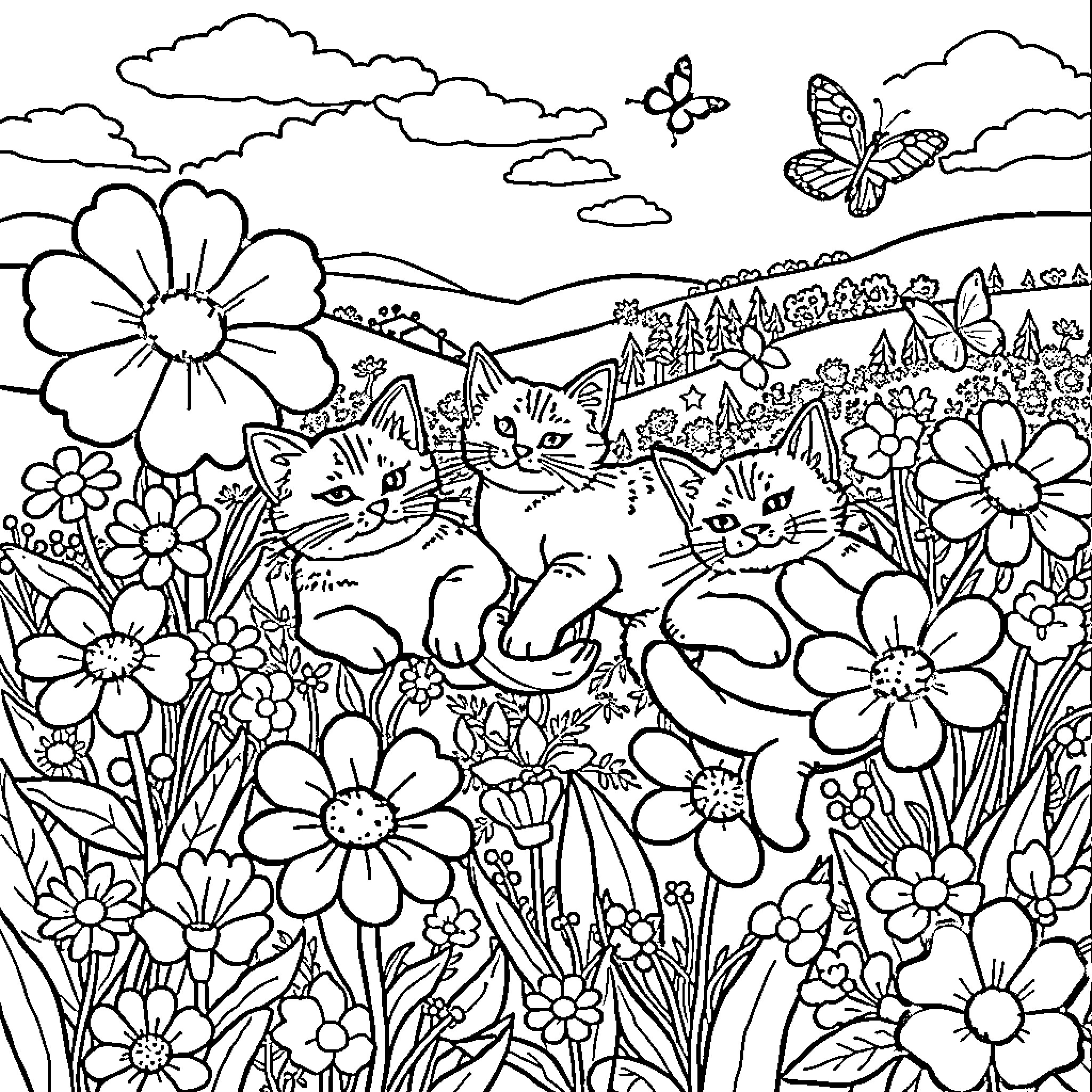 Cat Enjoying Floral Garden with Butterflies Coloring Page (free black-and-white line drawing printable PDF for all, from beginners to advanced learners, including children, teens, adults, and seniors)