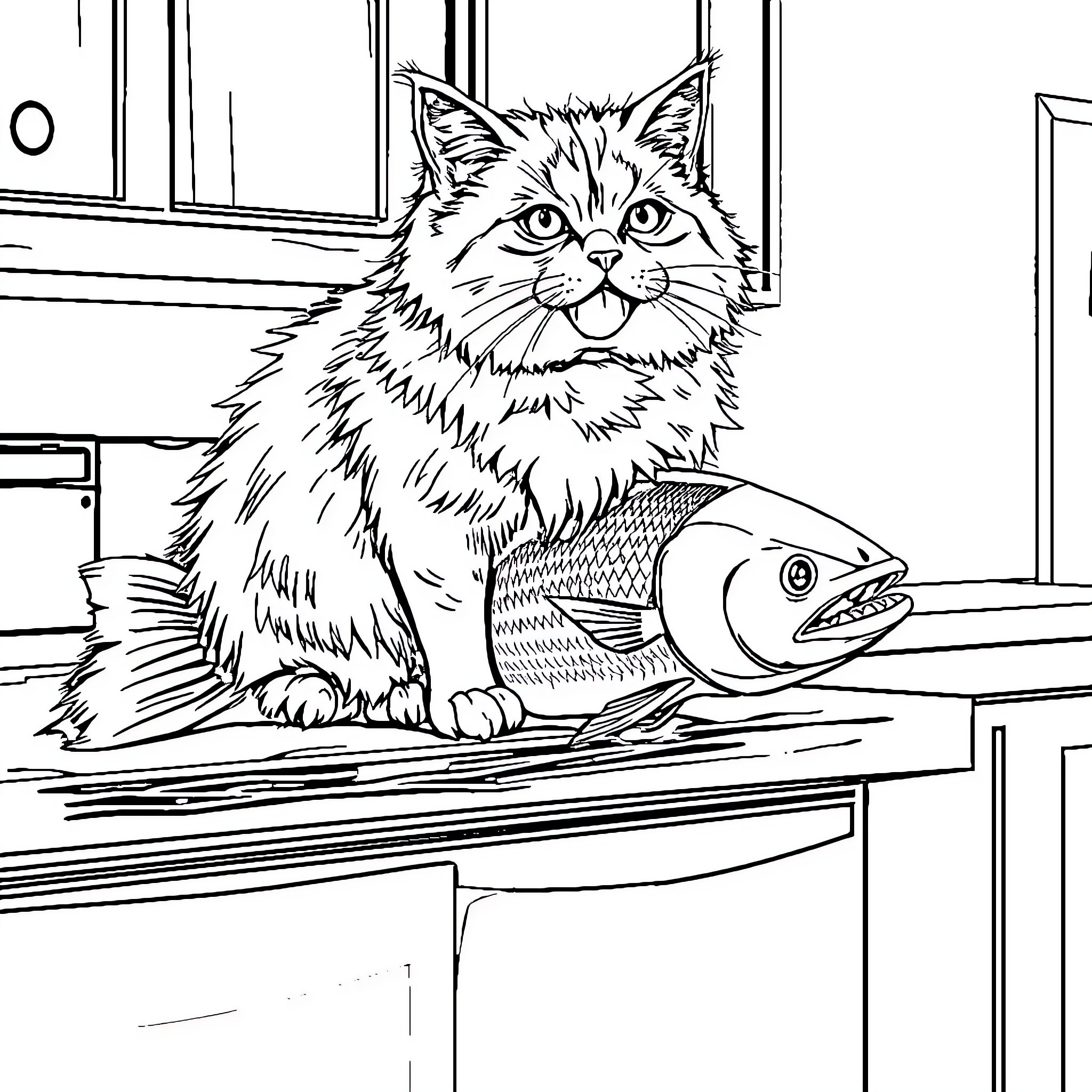 Cat with fish on table Coloring Page (free black-and-white line drawing printable PDF for all, from beginners to advanced learners, including children, teens, adults, and seniors)