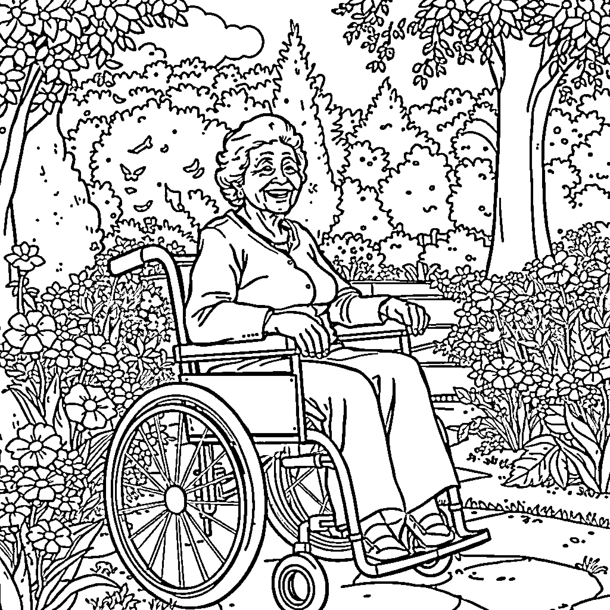 Person in wheelchair enjoying nature in park Coloring Page (free black-and-white line drawing printable PDF for all, from beginners to advanced learners, including children, teens, adults, and seniors)