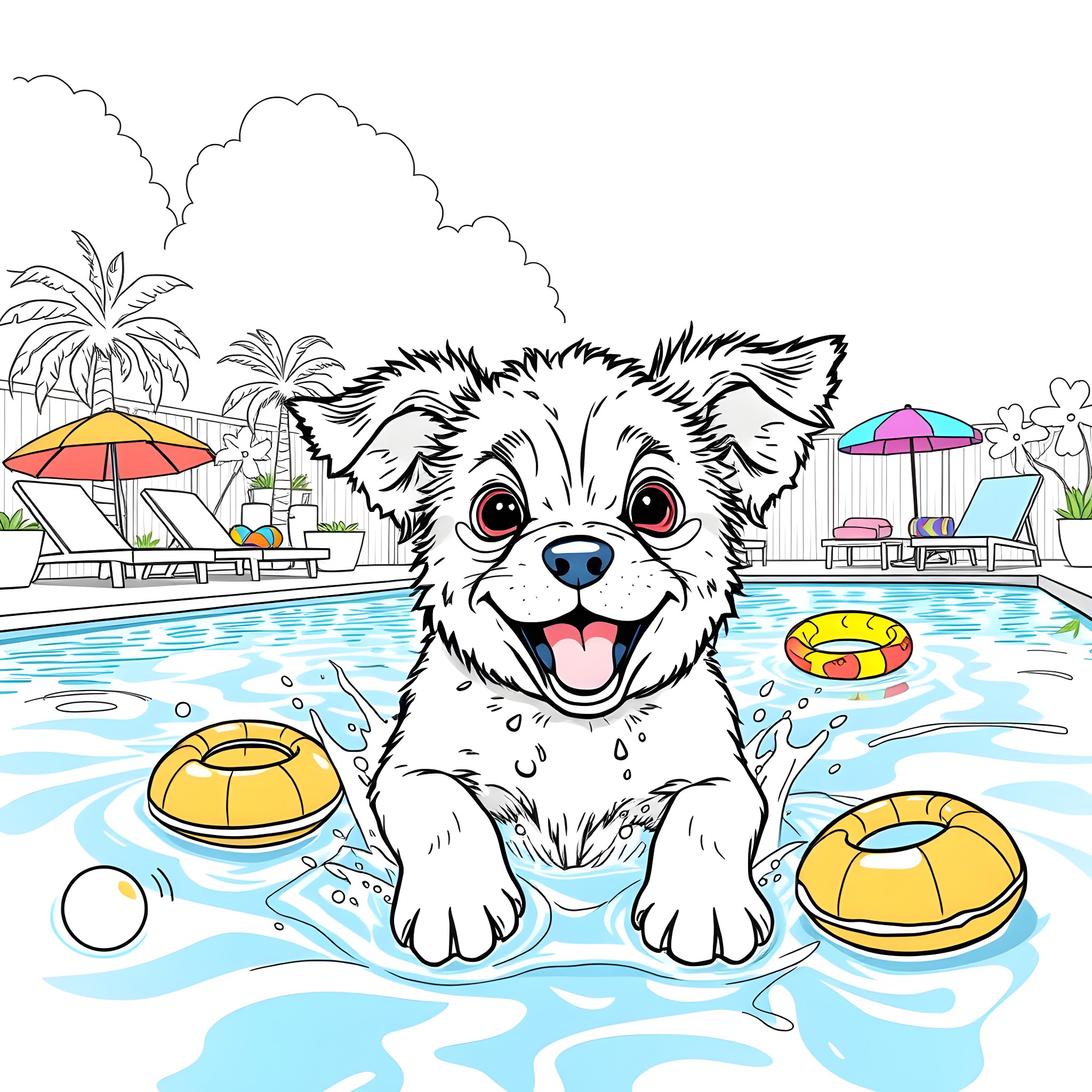 Puppy playing happily in the pool with toys Coloring Page (free black-and-white line drawing printable PDF for all, from beginners to advanced learners, including children, teens, adults, and seniors)