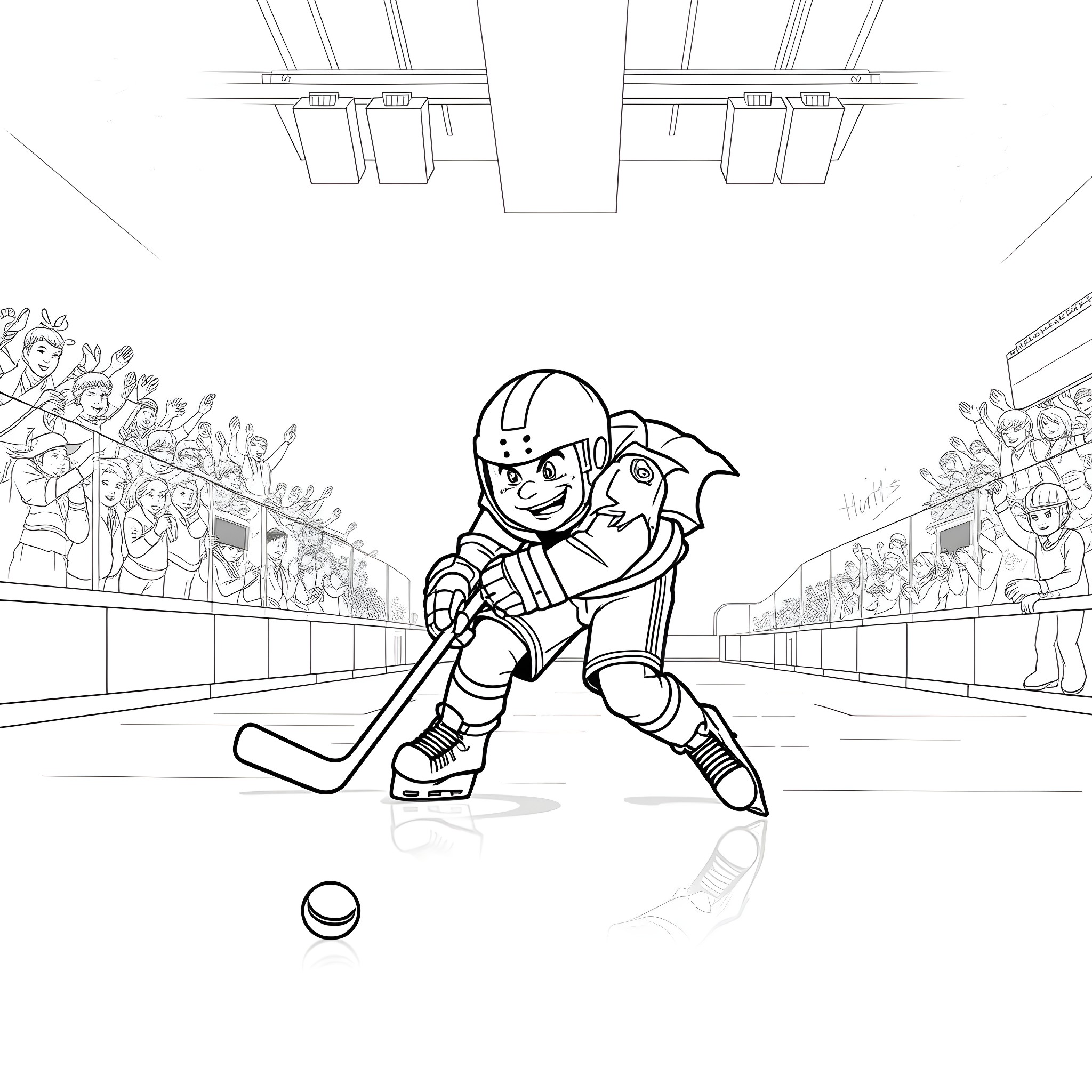 Grimous playing hockey in the stadium Coloring Page (free black-and-white line drawing printable PDF for all, from beginners to advanced learners, including children, teens, adults, and seniors)