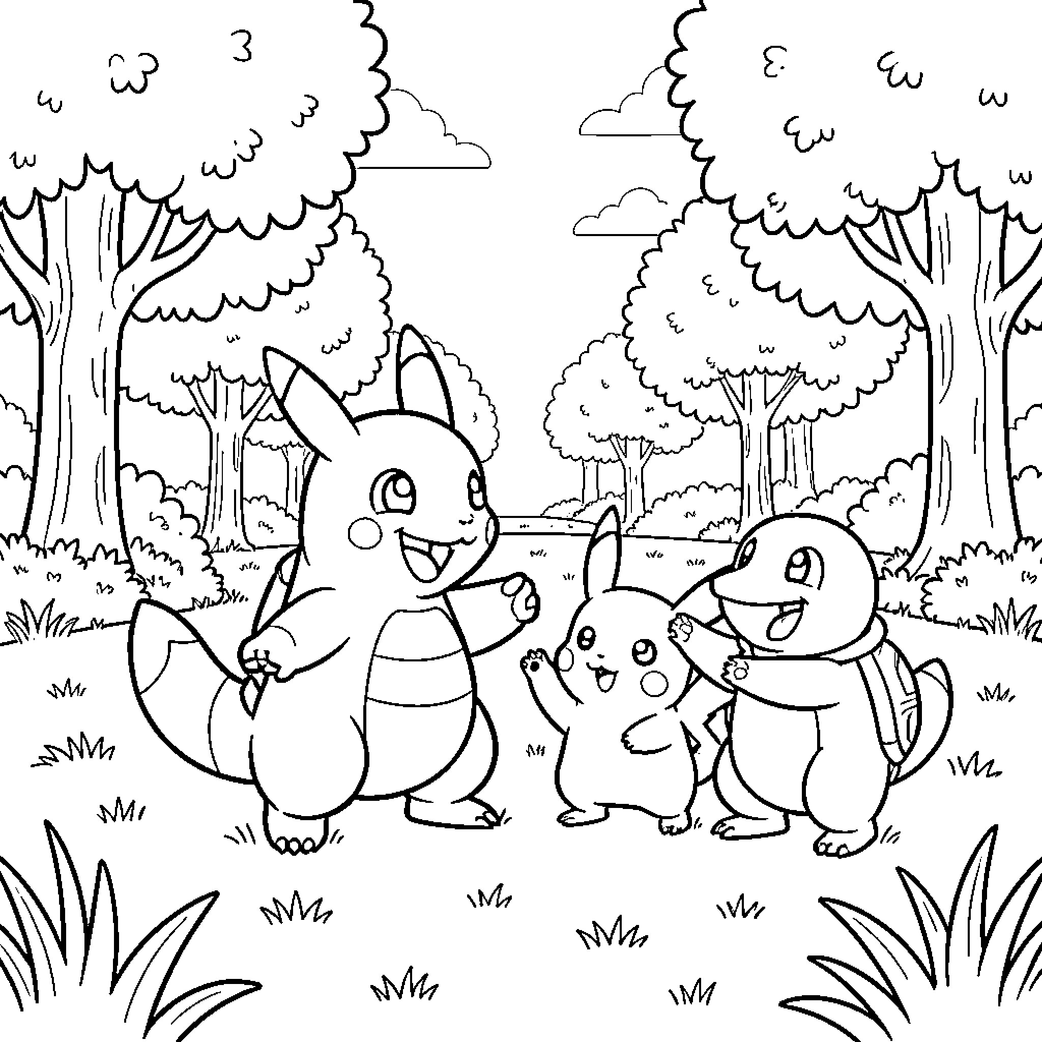 Salamèche and friends playing happily in a forest Coloring Page (free black-and-white line drawing printable PDF for all, from beginners to advanced learners, including children, teens, adults, and seniors)