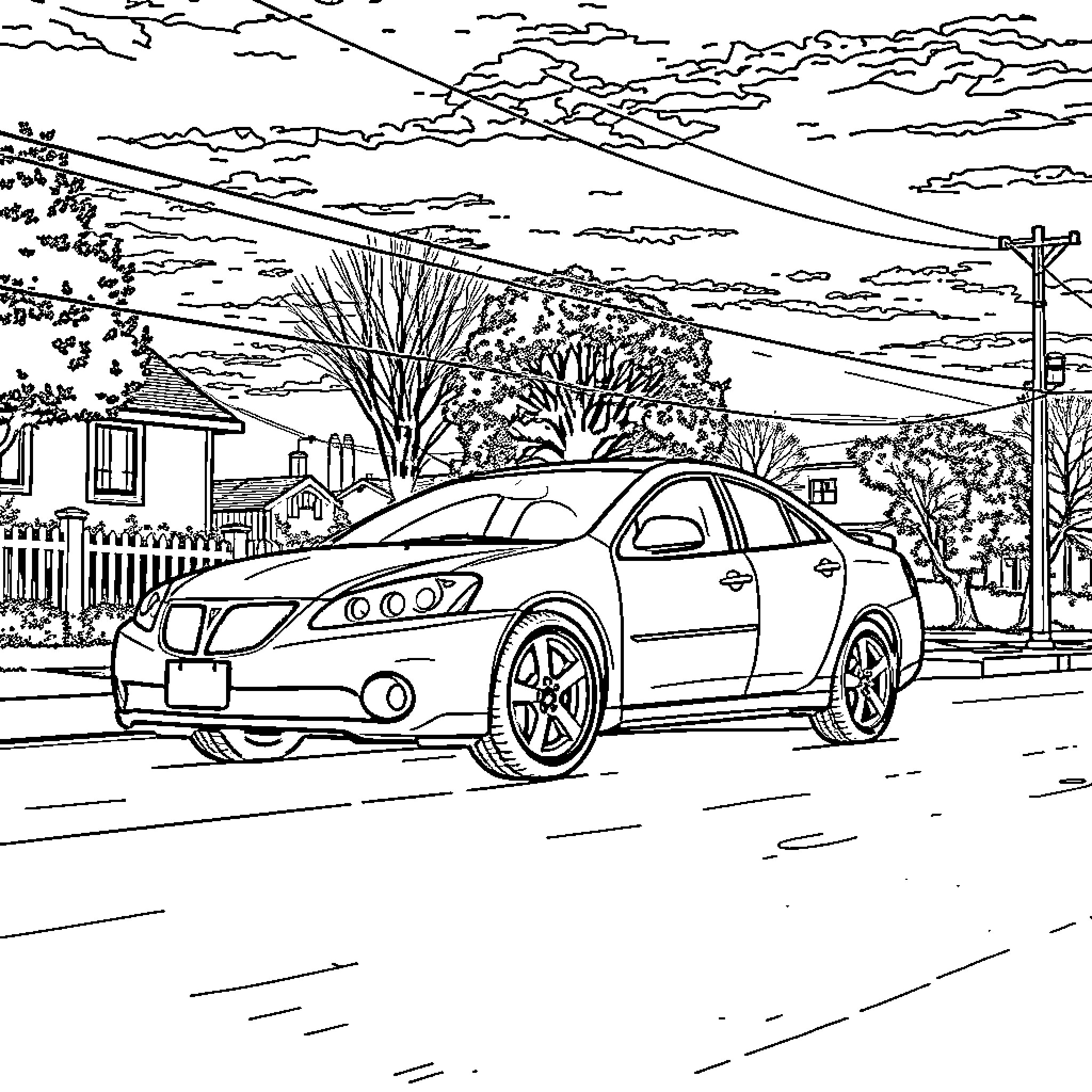 Pontiac G6 on a suburban street Coloring Page (free black-and-white line drawing printable PDF for all, from beginners to advanced learners, including children, teens, adults, and seniors)