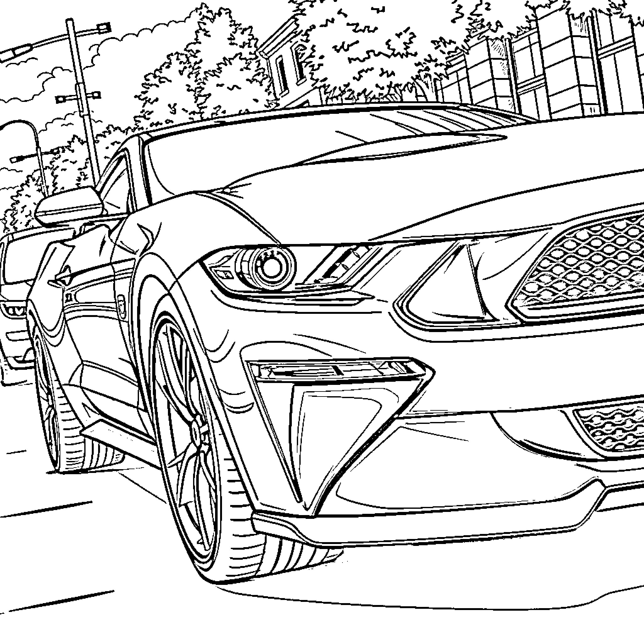 Dodge Mustang speeding through urban landscape Coloring Page (free black-and-white line drawing printable PDF for all, from beginners to advanced learners, including children, teens, adults, and seniors)