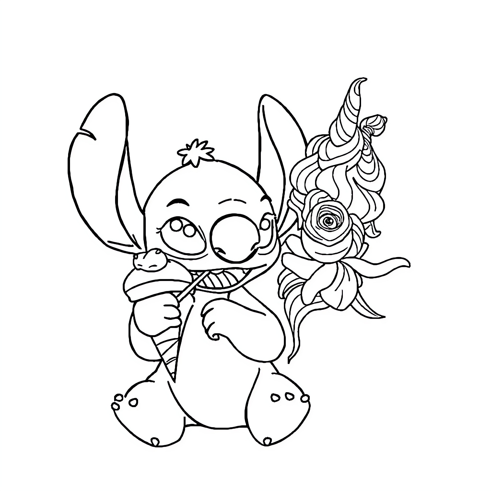 Stitch playing with floral decorations Coloring Page (free black-and-white line drawing printable PDF for all, from beginners to advanced learners, including children, teens, adults, and seniors)