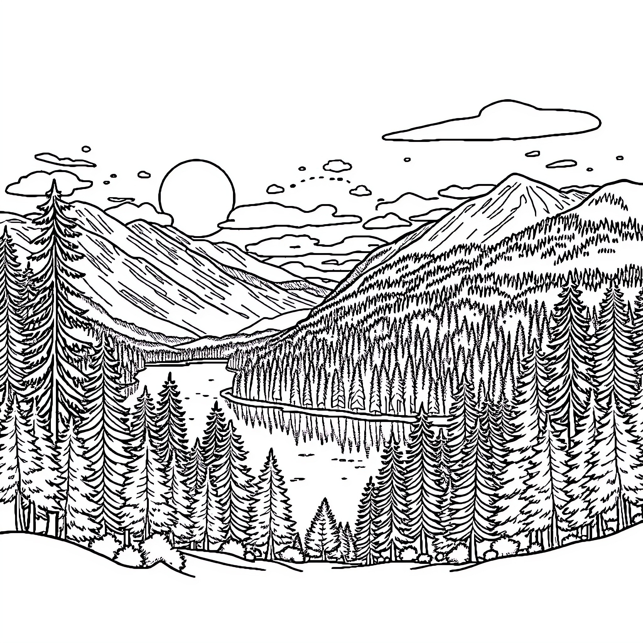 Sweden's Mountainous Landscape with Serene Lake Coloring Page (free black-and-white line drawing printable PDF for all, from beginners to advanced learners, including children, teens, adults, and seniors)