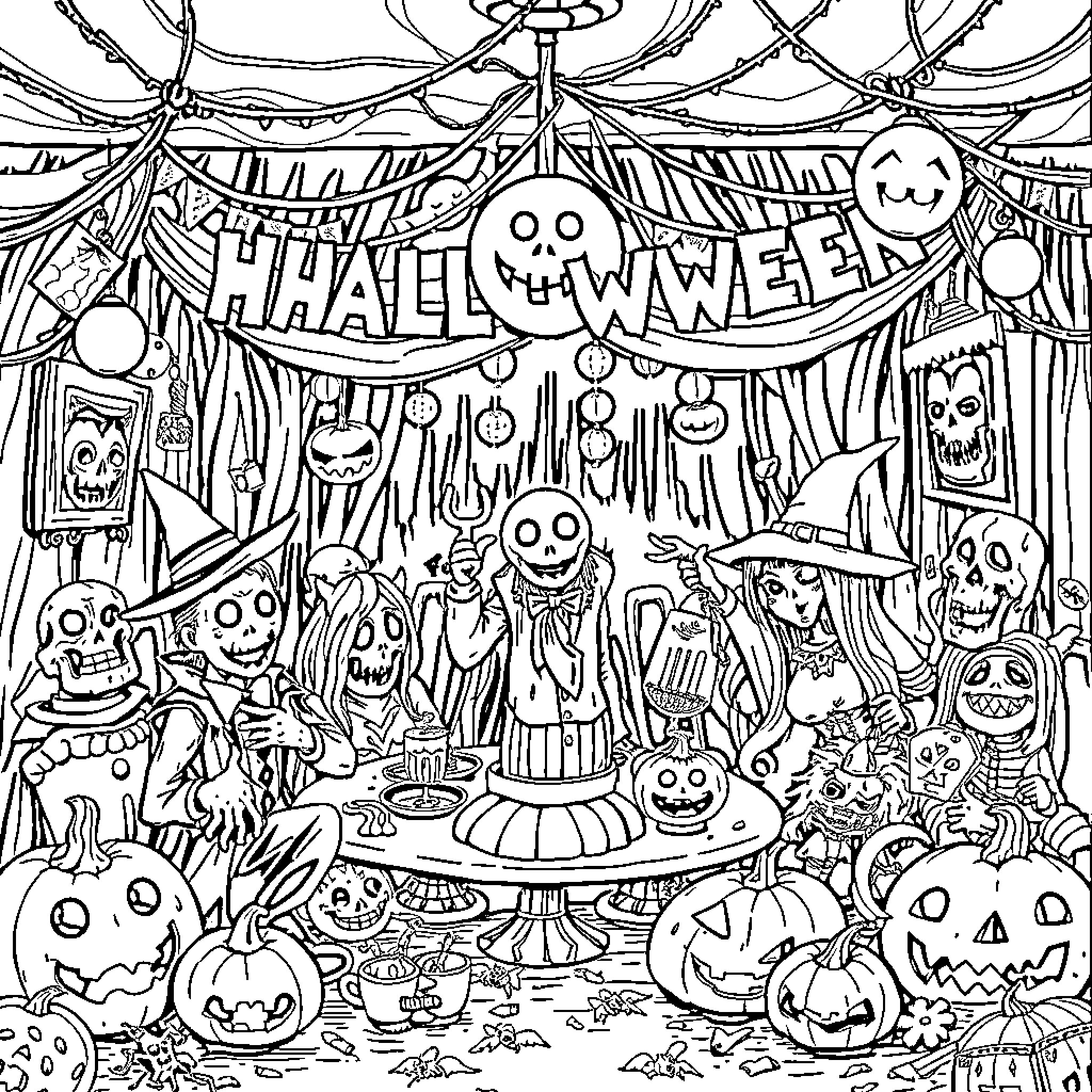 Brain's Halloween Carnival with Spooky Creatures Coloring Page (free black-and-white line drawing printable PDF for all, from beginners to advanced learners, including children, teens, adults, and seniors)