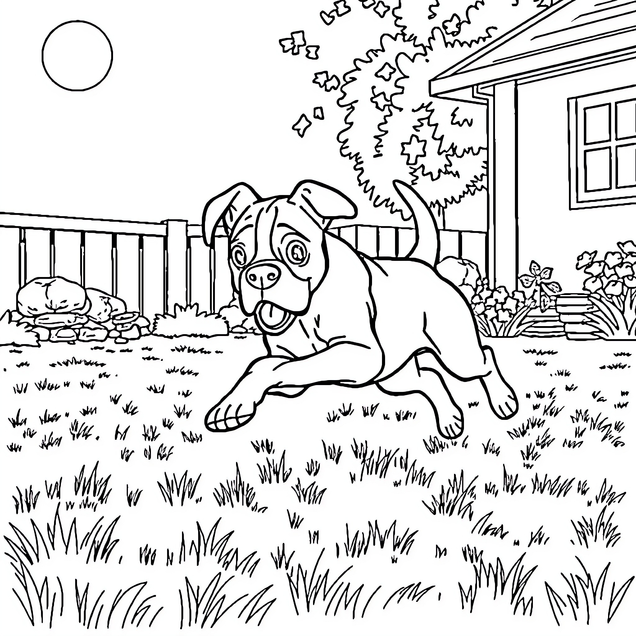 Boxer puppy playing in the backyard Coloring Page (free black-and-white line drawing printable PDF for all, from beginners to advanced learners, including children, teens, adults, and seniors)