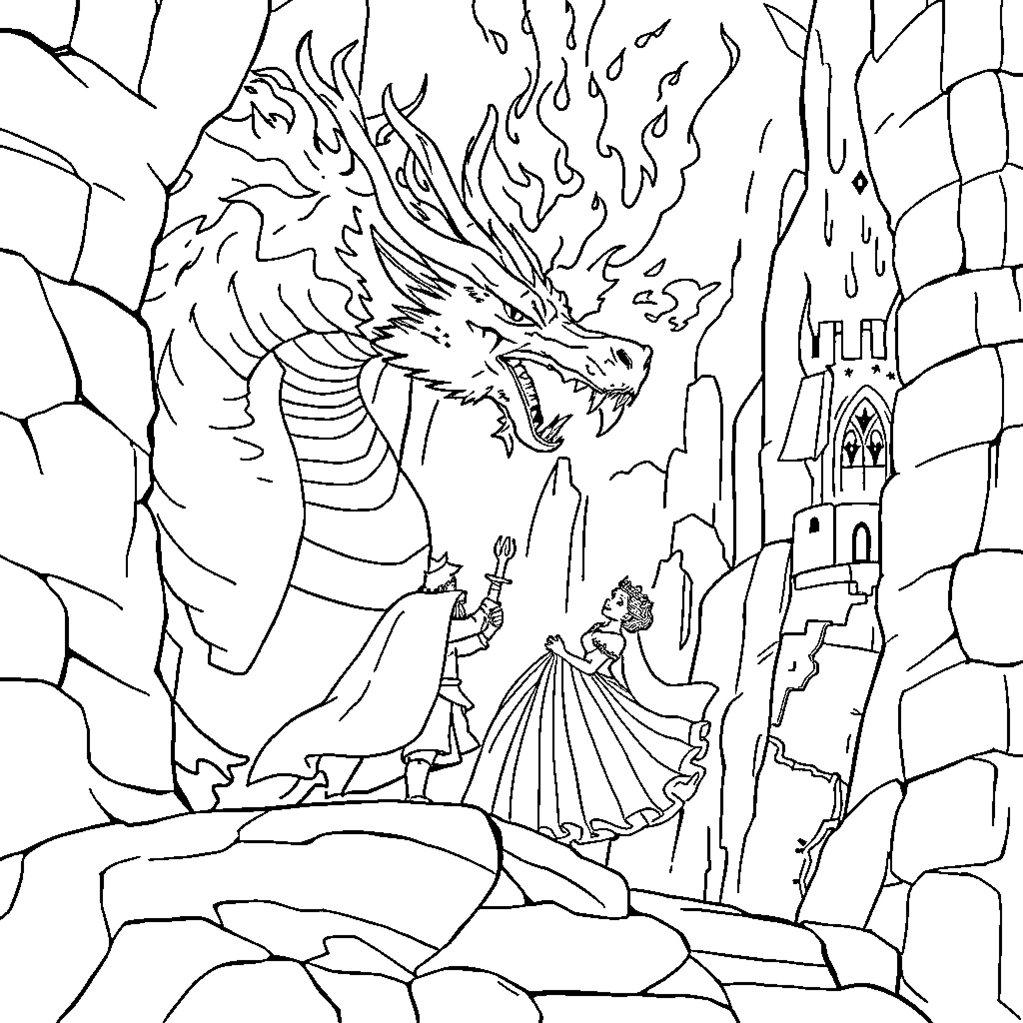 Prince battles fierce dragon in fantasy castle Coloring Page (free black-and-white line drawing printable PDF for all, from beginners to advanced learners, including children, teens, adults, and seniors)