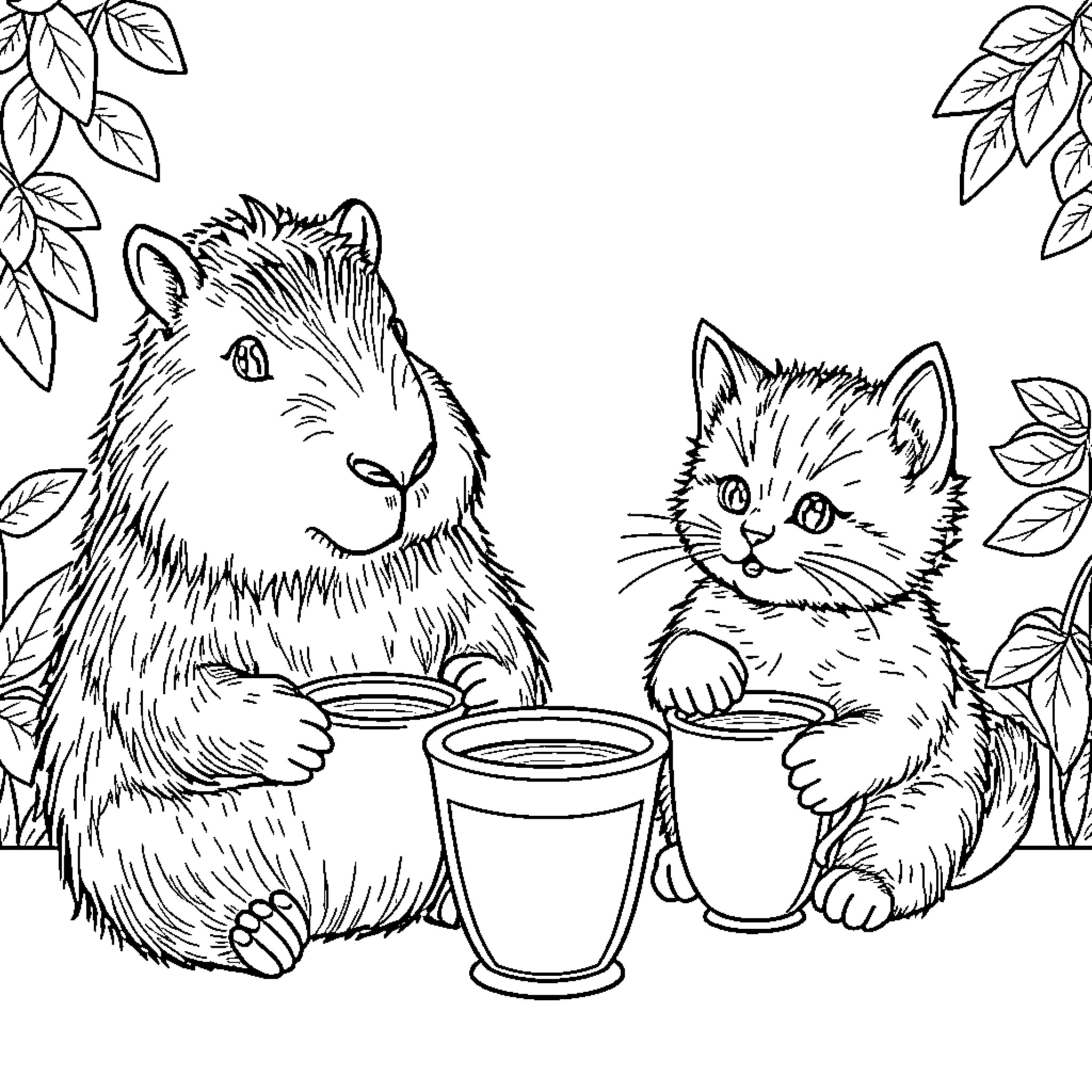 Capybara and kitten enjoying drinks together Coloring Page (free black-and-white line drawing printable PDF for all, from beginners to advanced learners, including children, teens, adults, and seniors)