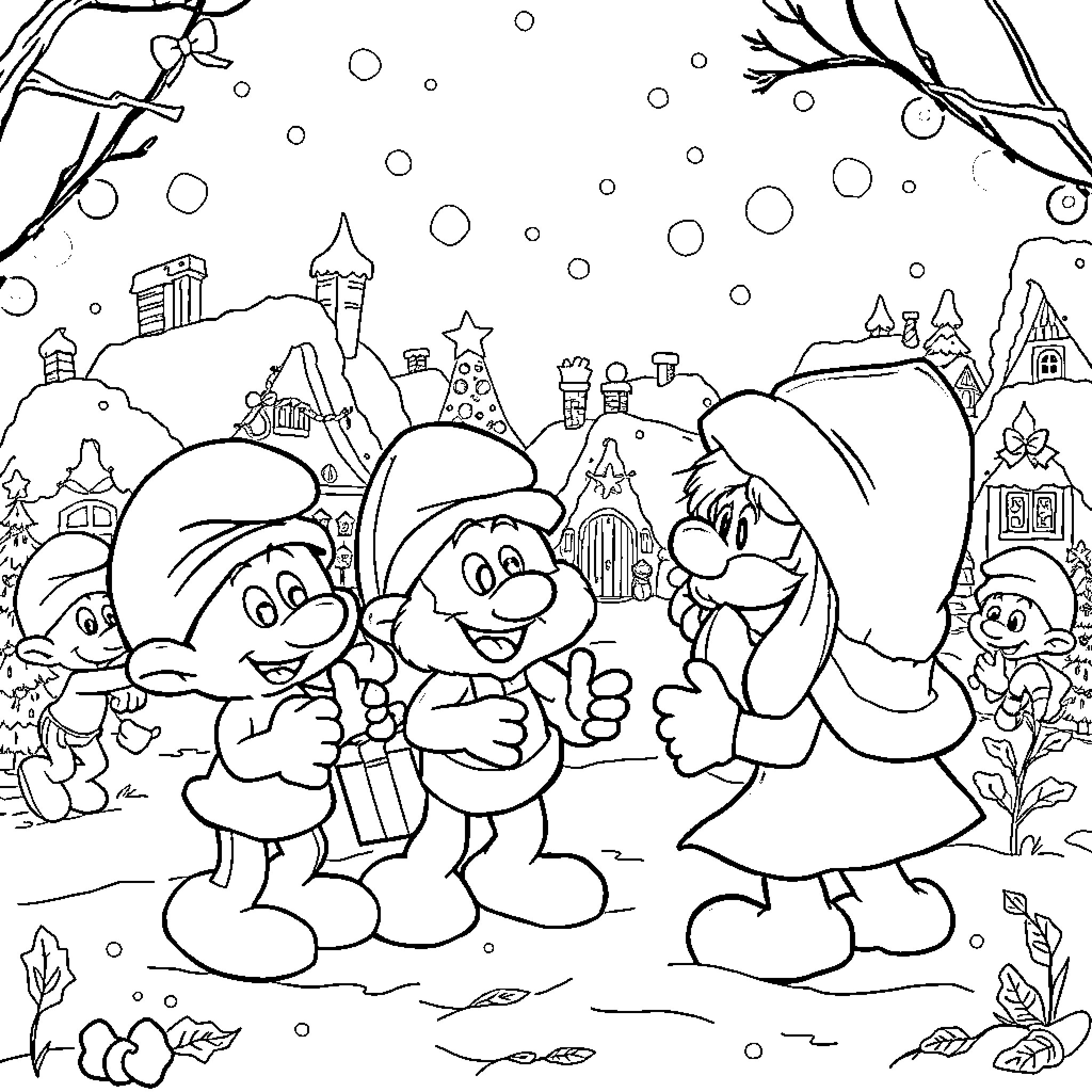 Smurfs Celebrating in Winter Wonderland Coloring Page (free black-and-white line drawing printable PDF for all, from beginners to advanced learners, including children, teens, adults, and seniors)