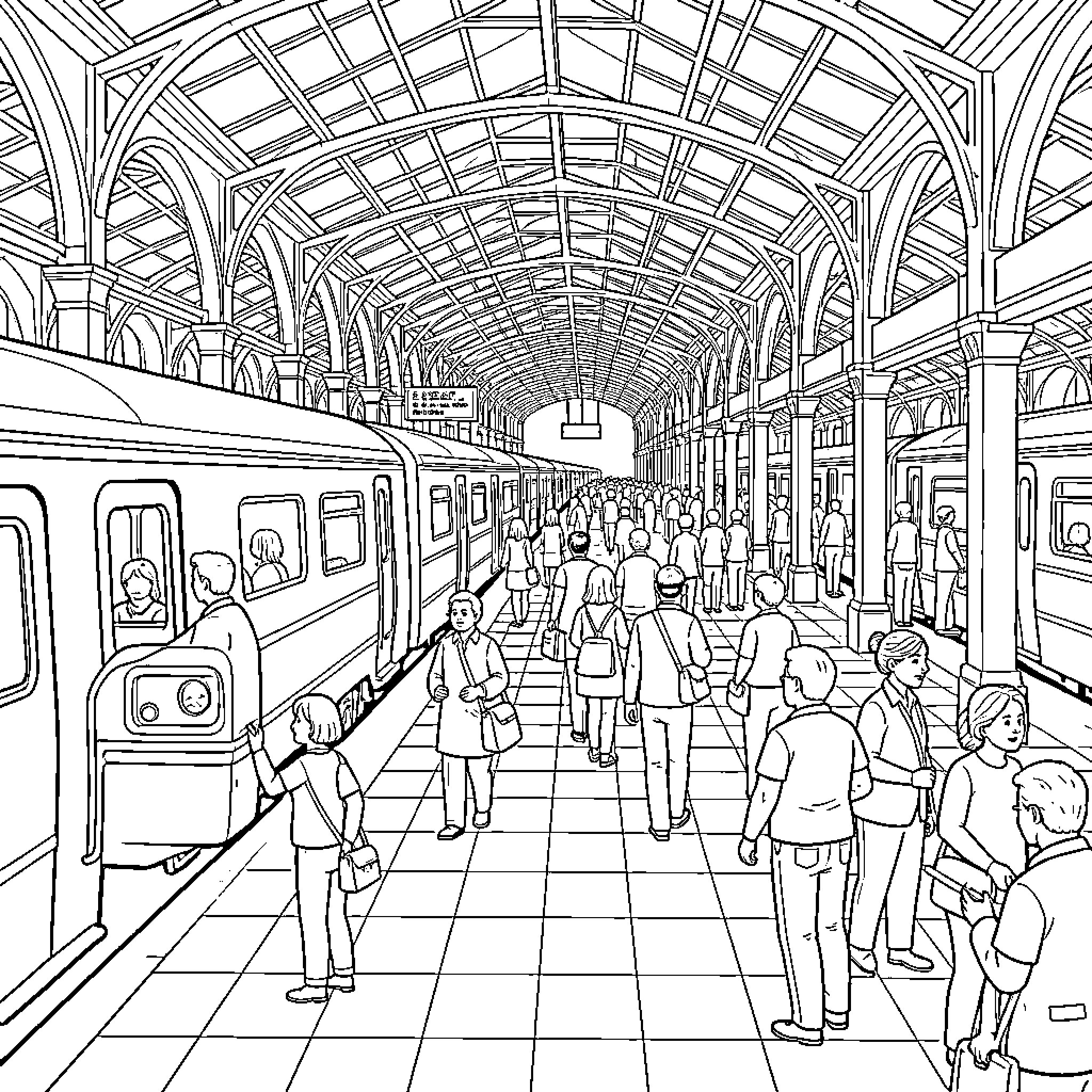 Train Station Bustling with Commuters and Trains Coloring Page (free black-and-white line drawing printable PDF for all, from beginners to advanced learners, including children, teens, adults, and seniors)