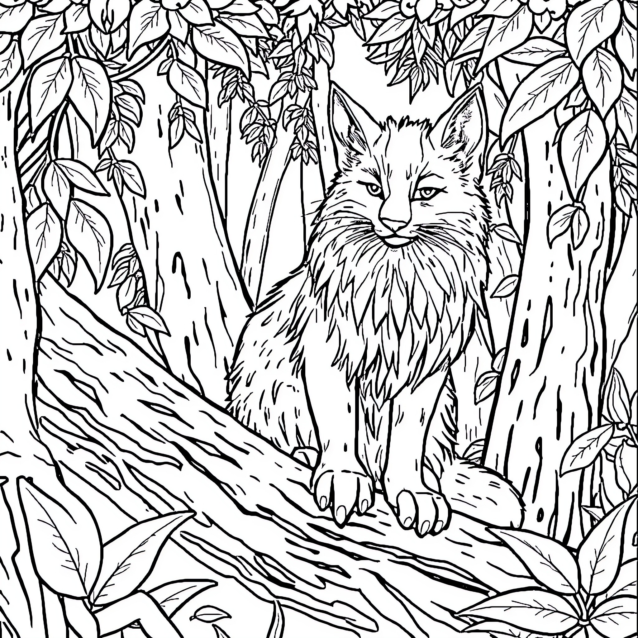 Wolf and Dog in Lush Forest Coloring Page (free black-and-white line drawing printable PDF for all, from beginners to advanced learners, including children, teens, adults, and seniors)